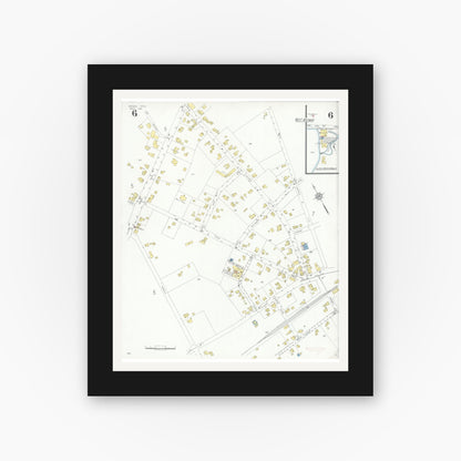 Old map wall art mockup — black gallery frame with white mat — Sanborn Fire Insurance Map from Medway, Norfolk County, Massachusetts (1933), Sheet #0006