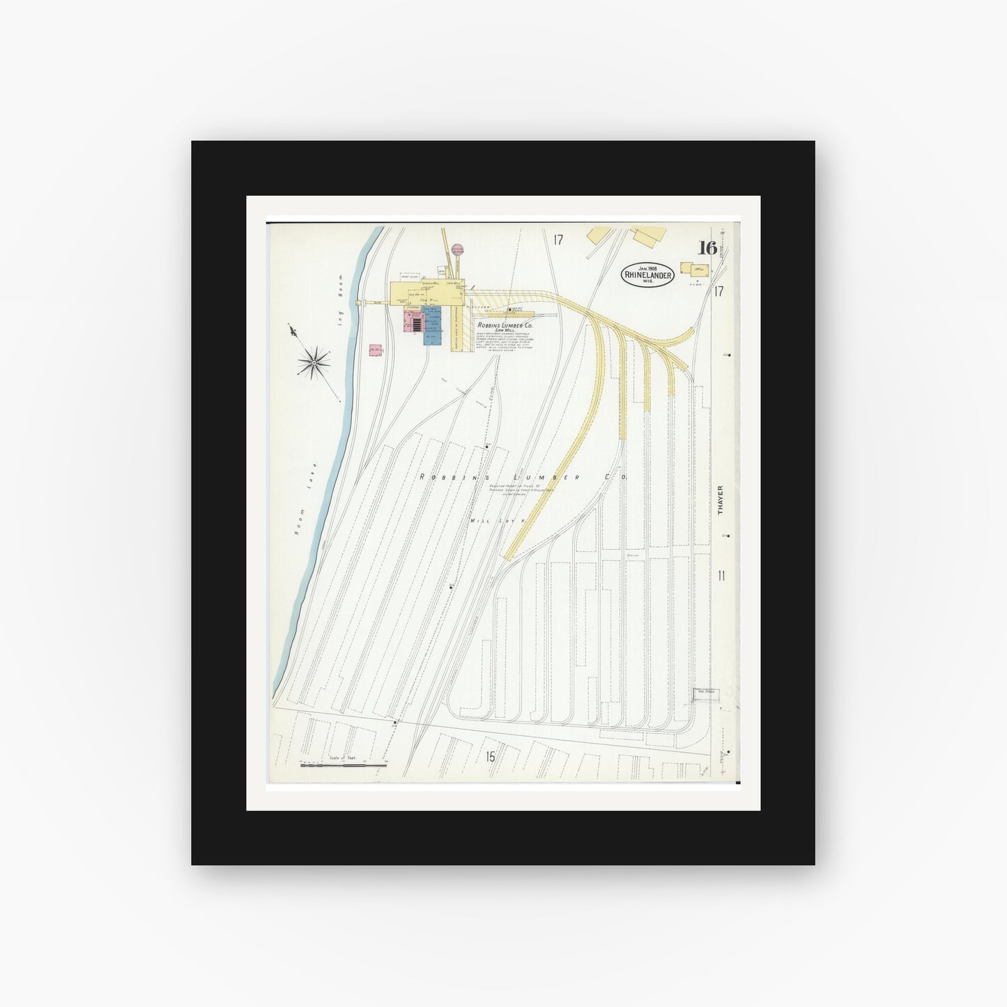 Old map wall art mockup — black gallery frame with white mat — Sanborn Fire Insurance Map from Rhinelander, Oneida County, Wisconsin (1908), Sheet #0016