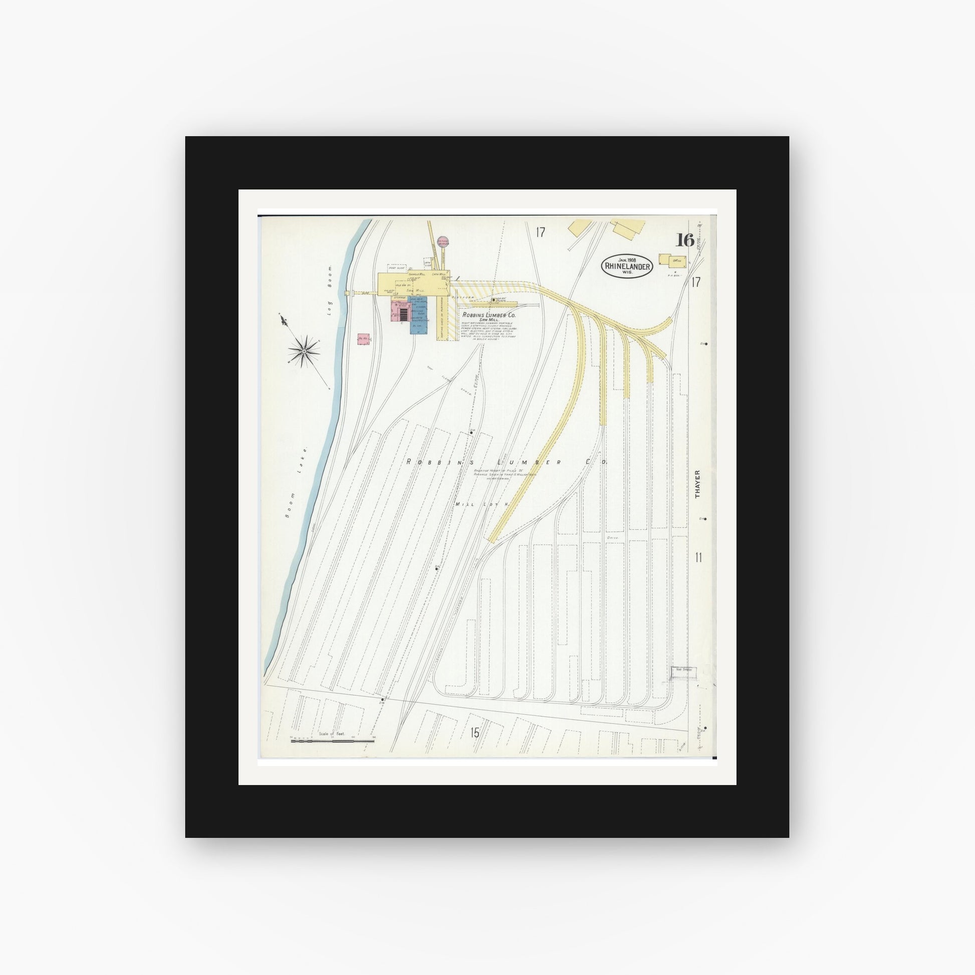 Old map wall art mockup — black gallery frame with white mat — Sanborn Fire Insurance Map from Rhinelander, Oneida County, Wisconsin (1908), Sheet #0016