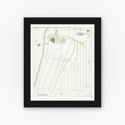 Old map wall art mockup — black gallery frame with white mat — Sanborn Fire Insurance Map from Rhinelander, Oneida County, Wisconsin (1908), Sheet #0016