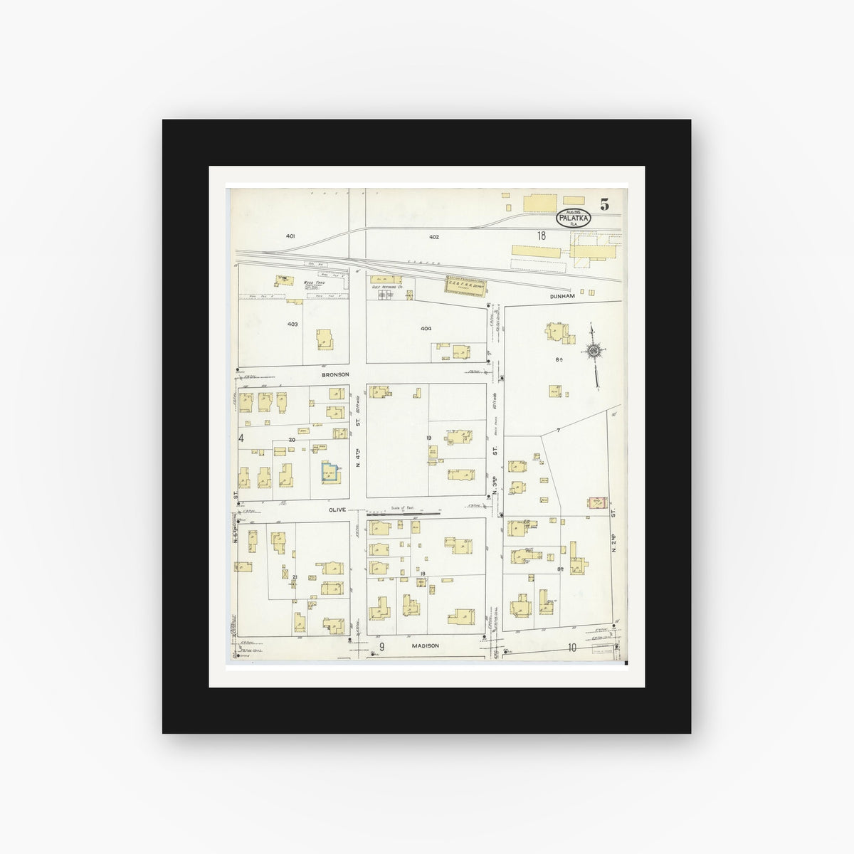 Old map wall art mockup — black gallery frame with white mat — Sanborn Fire Insurance Map from Palatka, Putnam County, Florida (1915), Sheet #0005