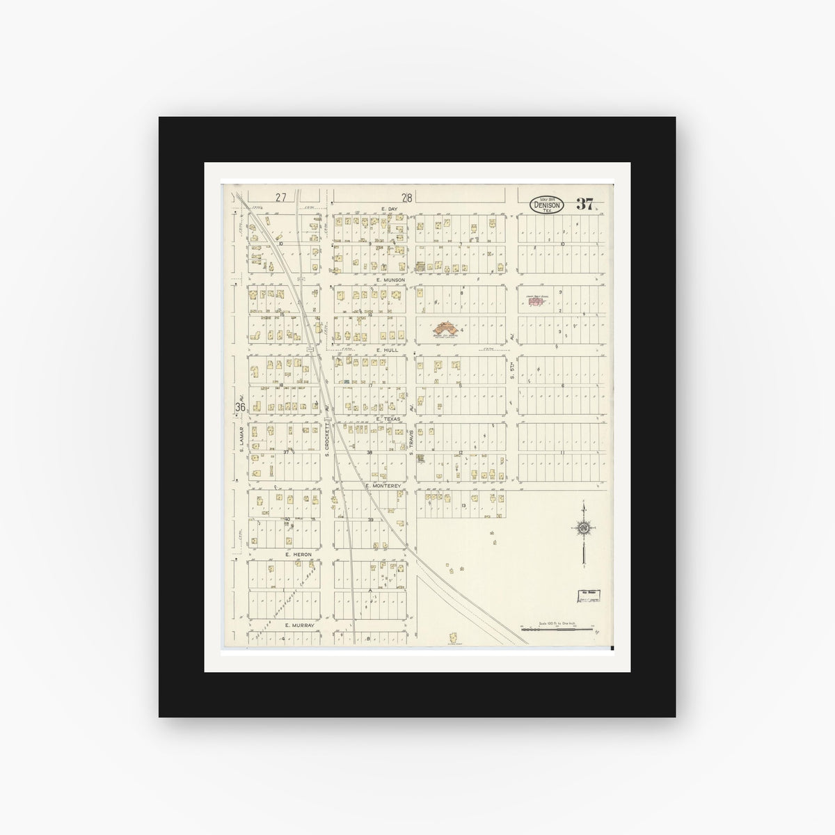 Old map wall art mockup — black gallery frame with white mat — Sanborn Fire Insurance Map from Denison, Grayson County, Texas (1914), Sheet #0037