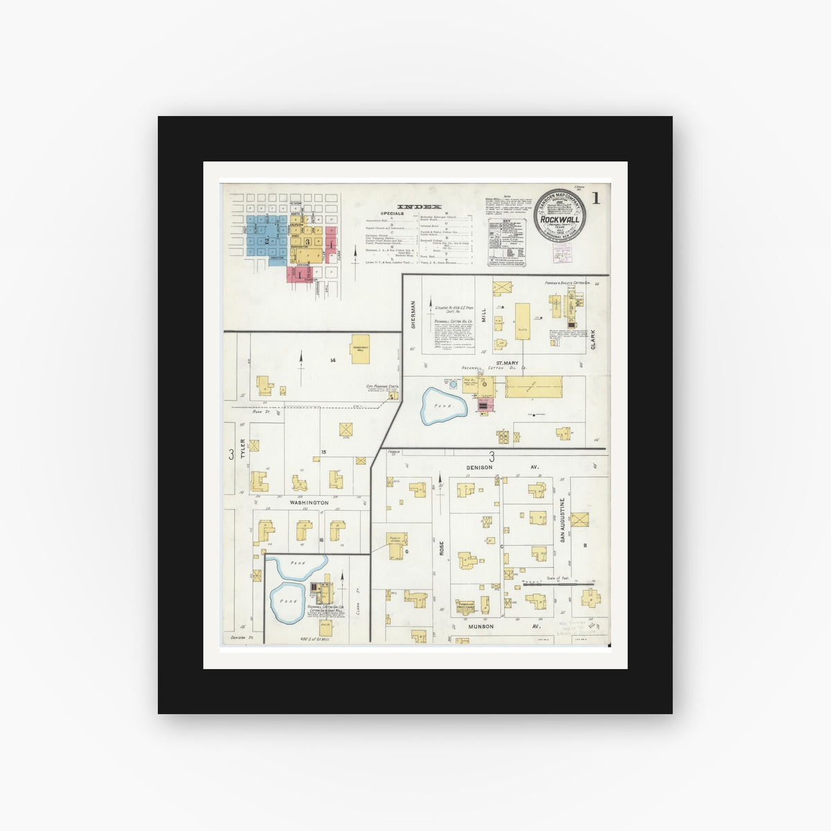 Old map wall art mockup — black gallery frame with white mat — Sanborn Fire Insurance Map from Rockwall, Rockwall County, Texas (1905), Sheet #0001
