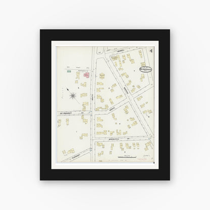 Old map wall art mockup — black gallery frame with white mat — Sanborn Fire Insurance Map from Bridgewater, Plymouth County, Massachusetts (1891), Sheet #0004