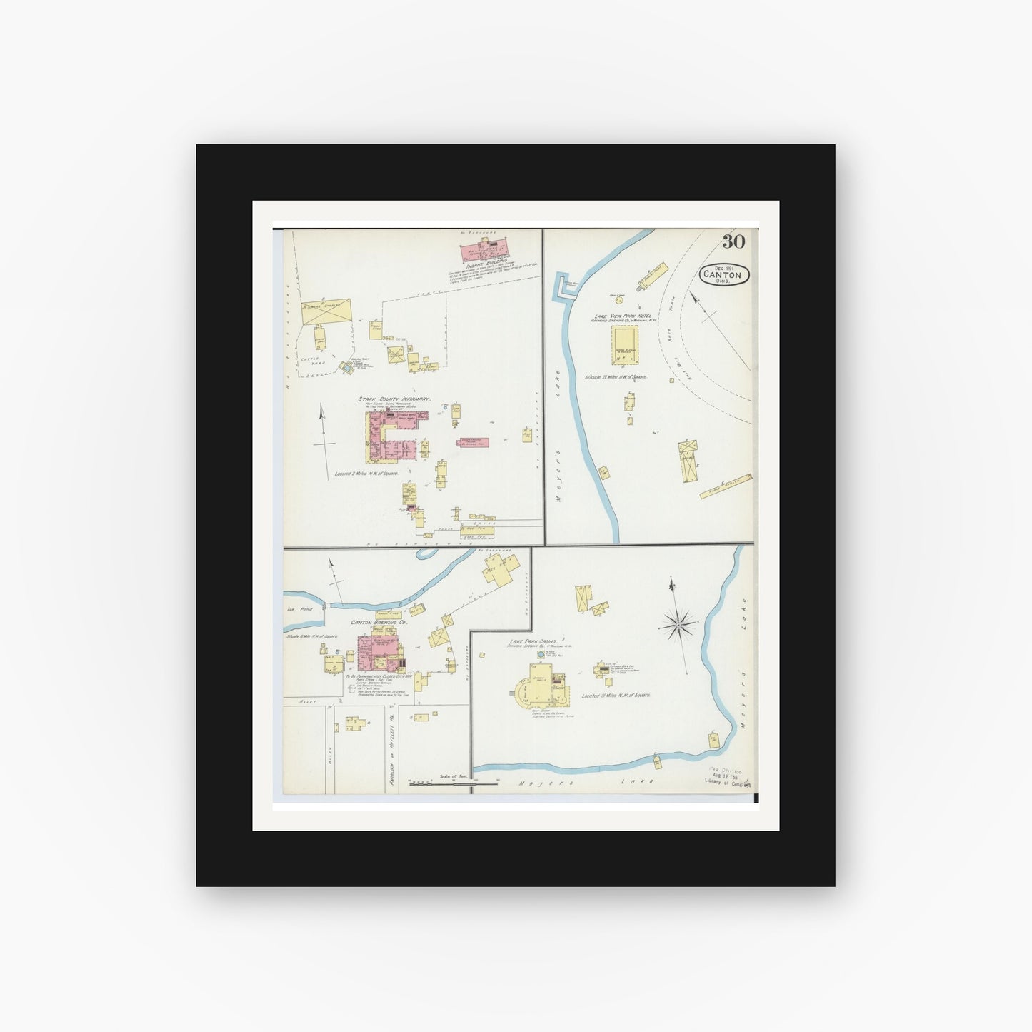 Old map wall art mockup — black gallery frame with white mat — Sanborn Fire Insurance Map from Canton, Stark County, Ohio (1891), Sheet #0030
