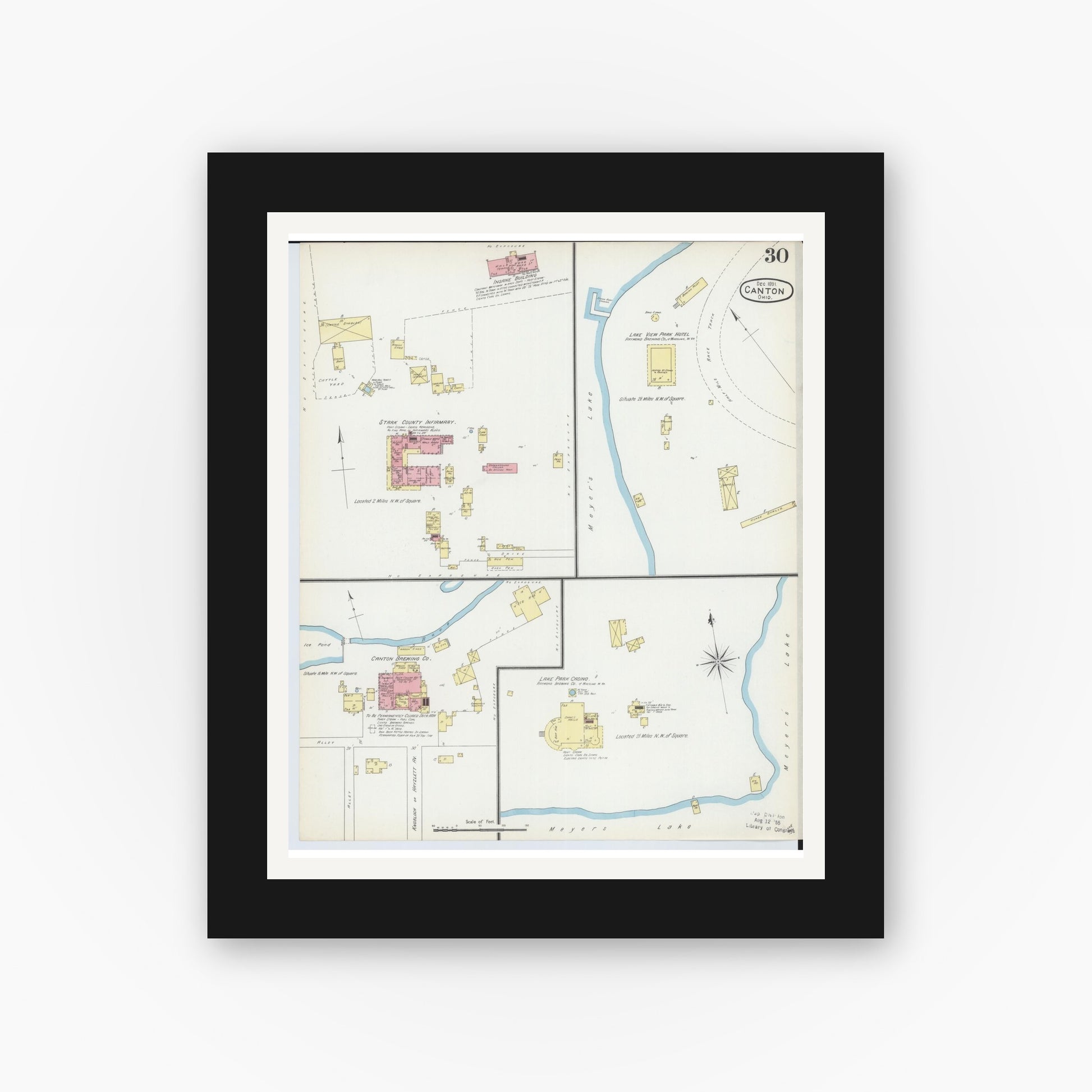 Old map wall art mockup — black gallery frame with white mat — Sanborn Fire Insurance Map from Canton, Stark County, Ohio (1891), Sheet #0030