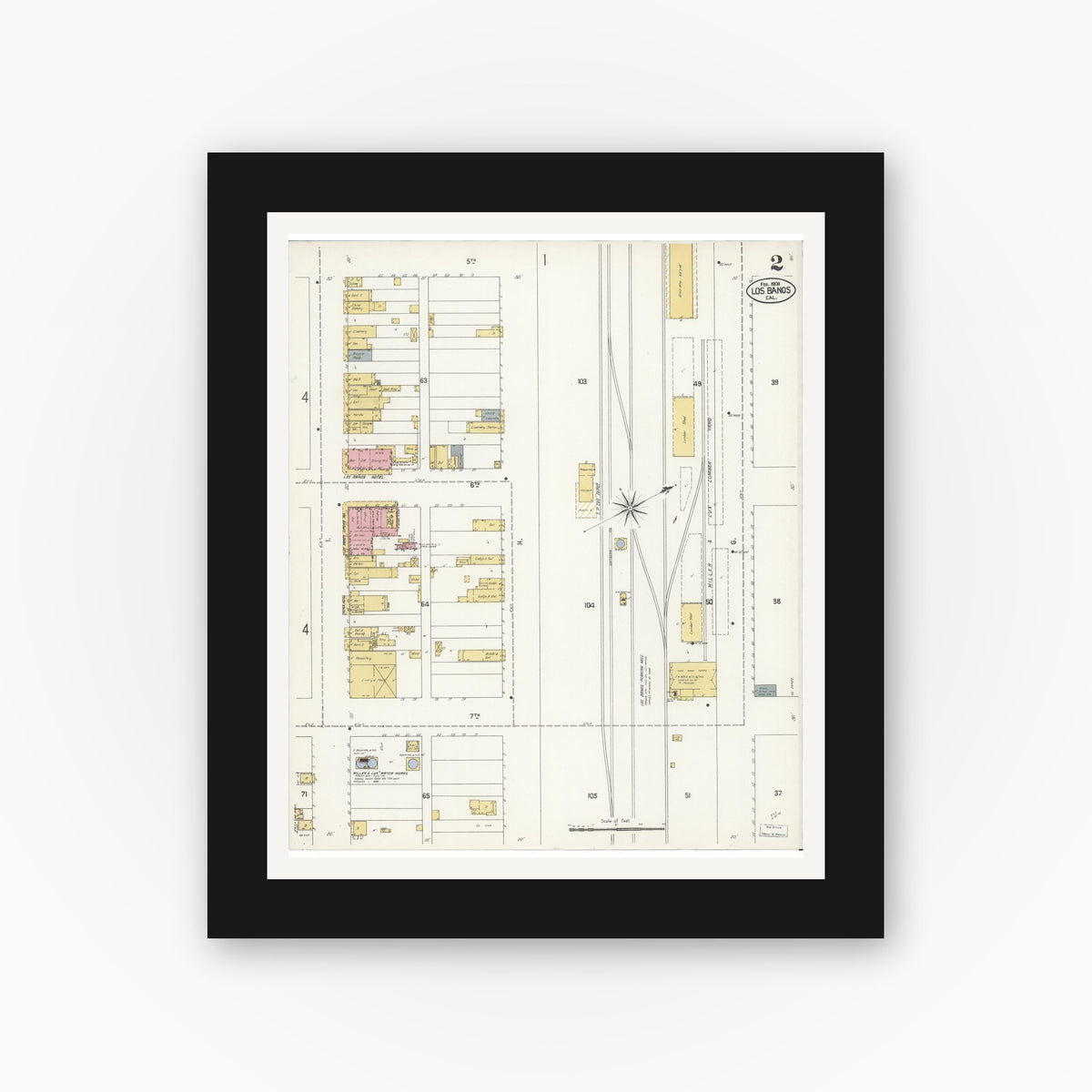 Old map wall art mockup — black gallery frame with white mat — Sanborn Fire Insurance Map from Los Banos, Merced County, California (1908), Sheet #0002