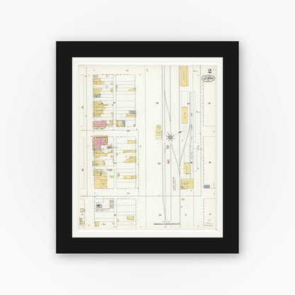 Old map wall art mockup — black gallery frame with white mat — Sanborn Fire Insurance Map from Los Banos, Merced County, California (1908), Sheet #0002
