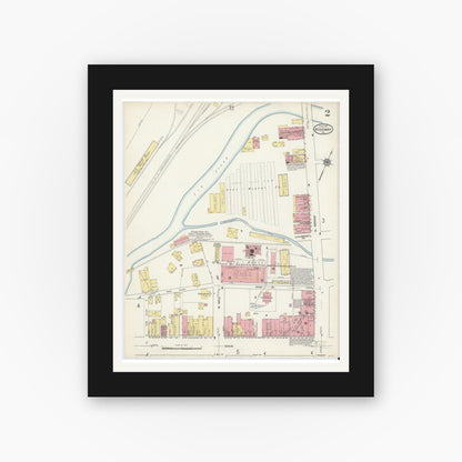 Old map wall art mockup — black gallery frame with white mat — Sanborn Fire Insurance Map from Ridgway, Elk County, Pennsylvania (1915), Sheet #0002