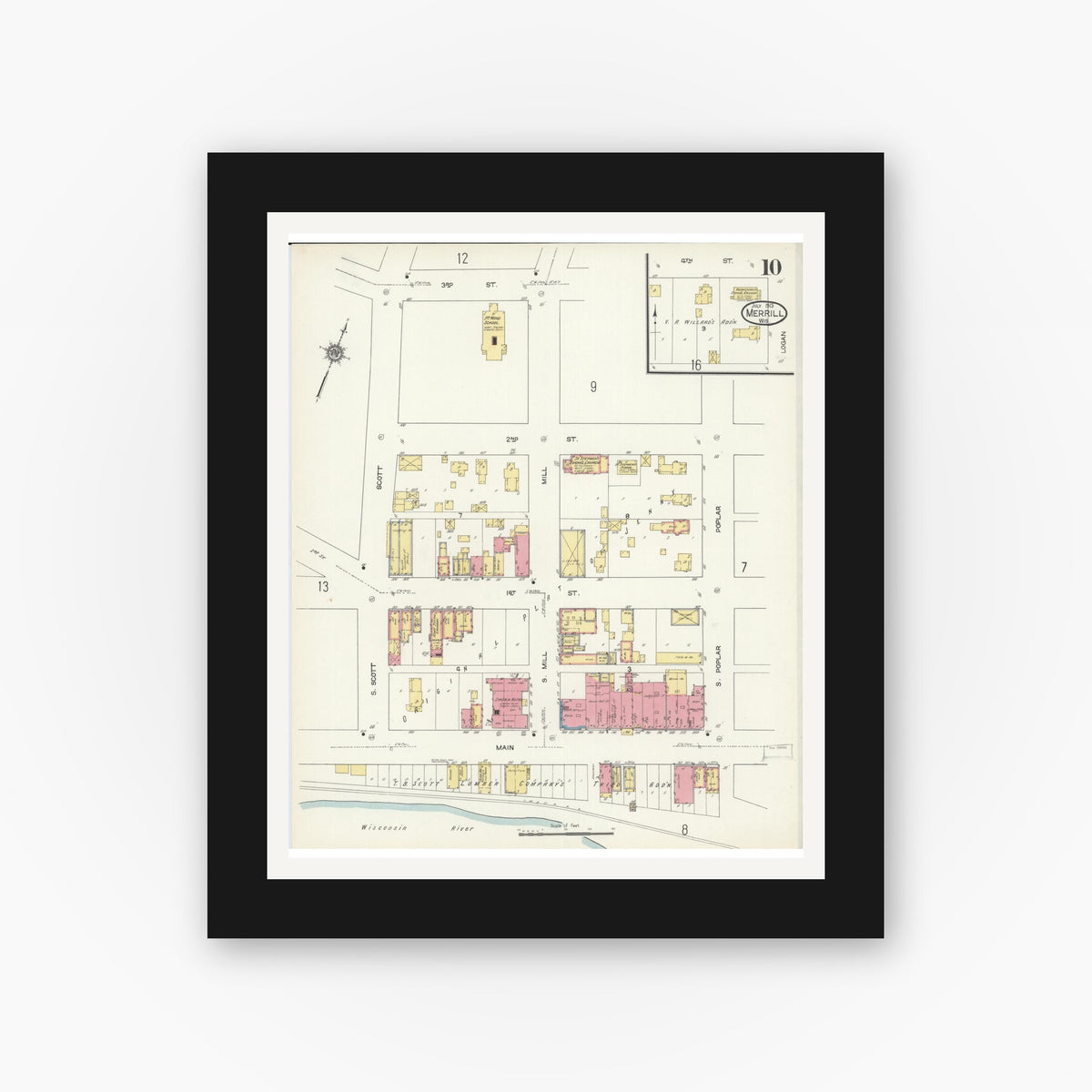 Old map wall art mockup — black gallery frame with white mat — Sanborn Fire Insurance Map from Merrill, Lincoln County, Wisconsin (1913), Sheet #0010