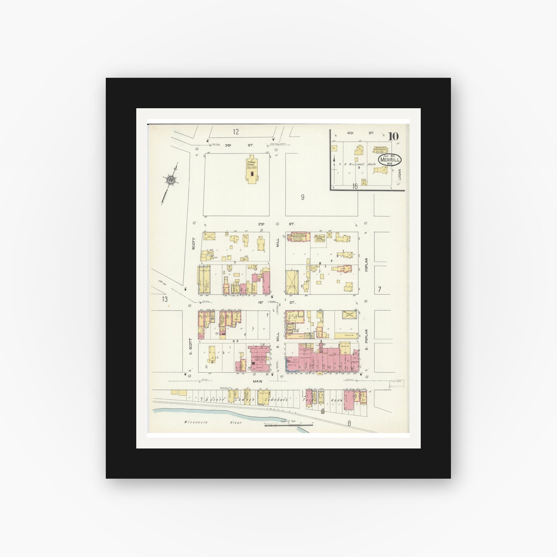 Old map wall art mockup — black gallery frame with white mat — Sanborn Fire Insurance Map from Merrill, Lincoln County, Wisconsin (1913), Sheet #0010