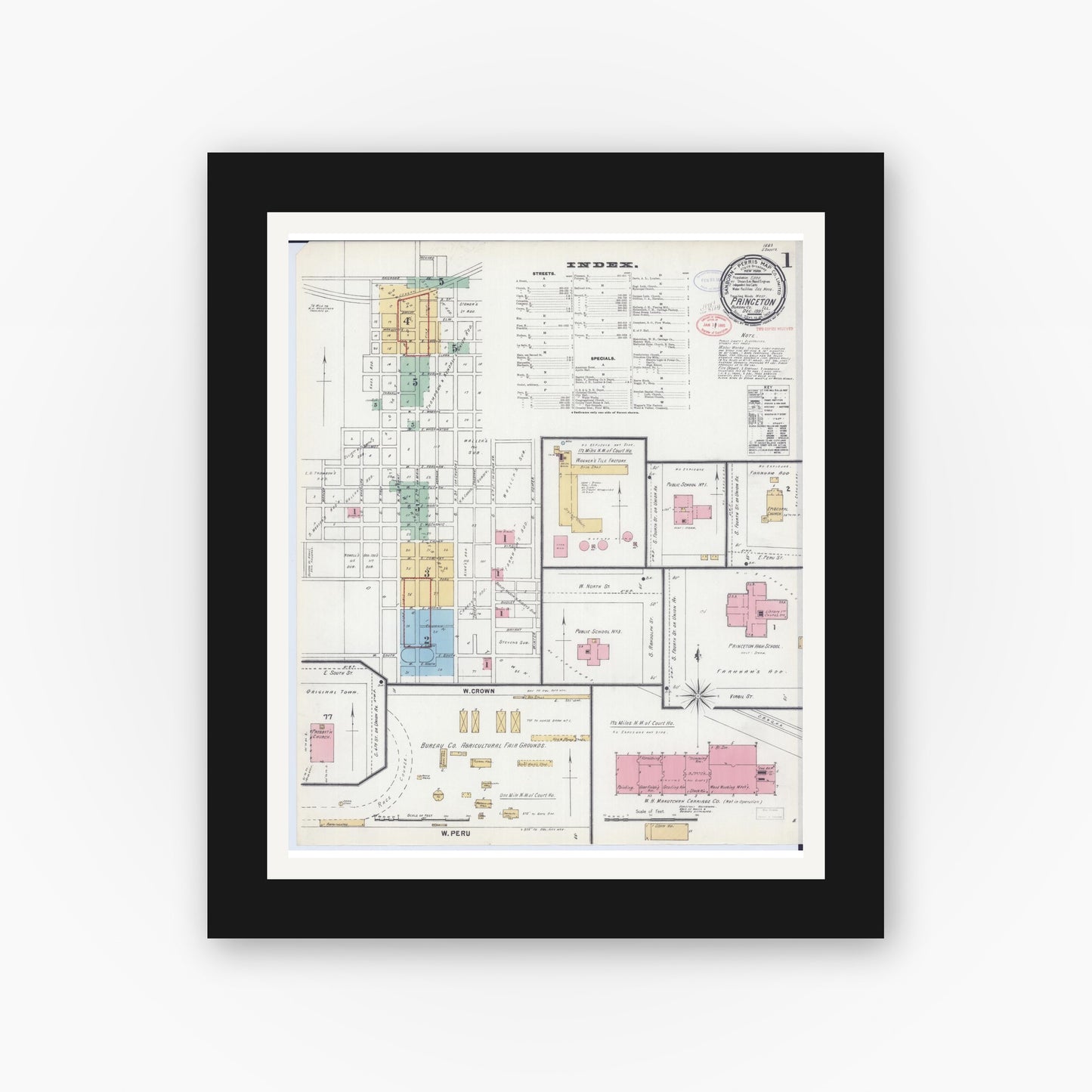 Old map wall art mockup — black gallery frame with white mat — Sanborn Fire Insurance Map from Princeton, Bureau County, Illinois (1897) - Complete Map Set