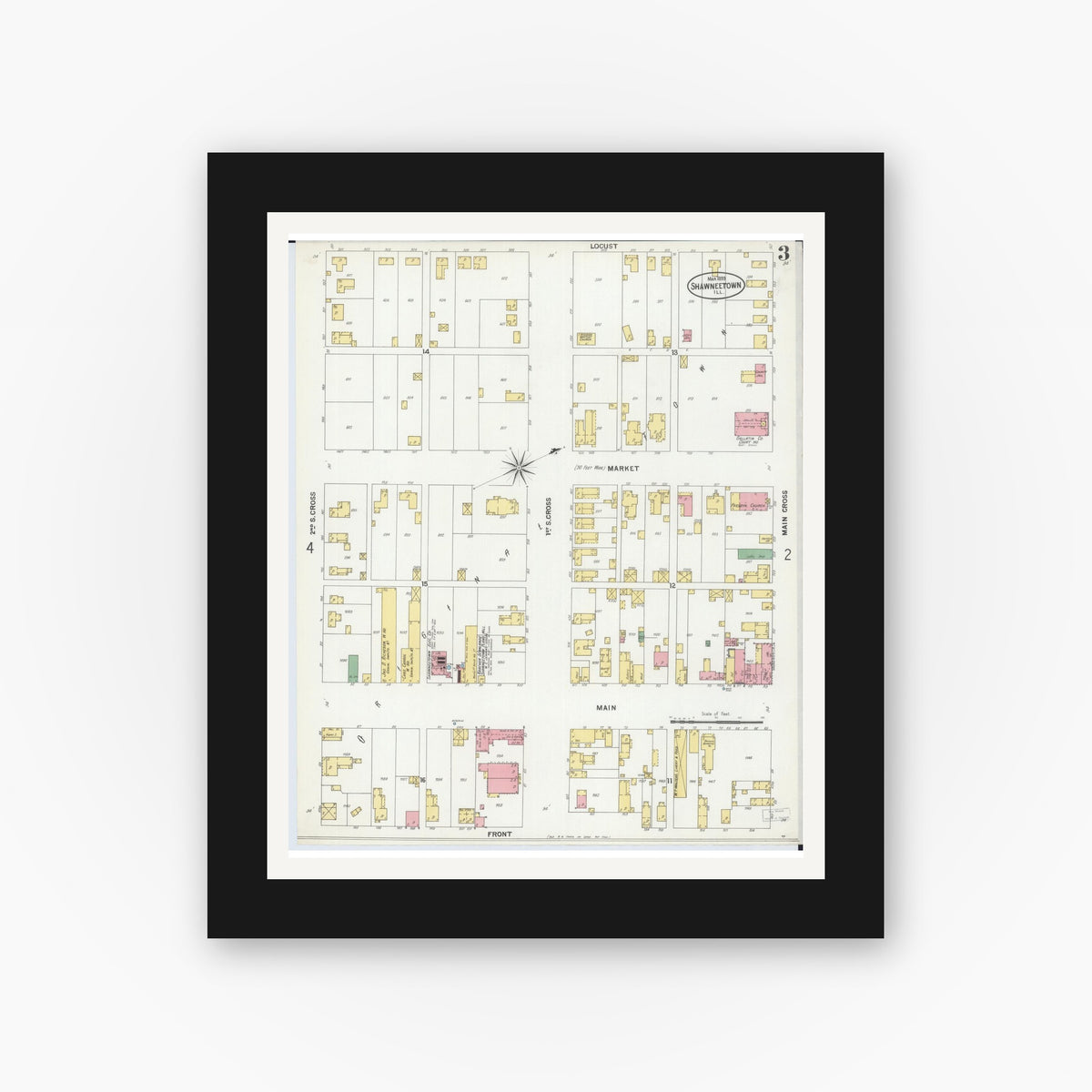 Old map wall art mockup — black gallery frame with white mat — Sanborn Fire Insurance Map from Shawneetown, Gallatin County, Illinois (1899), Sheet #0003