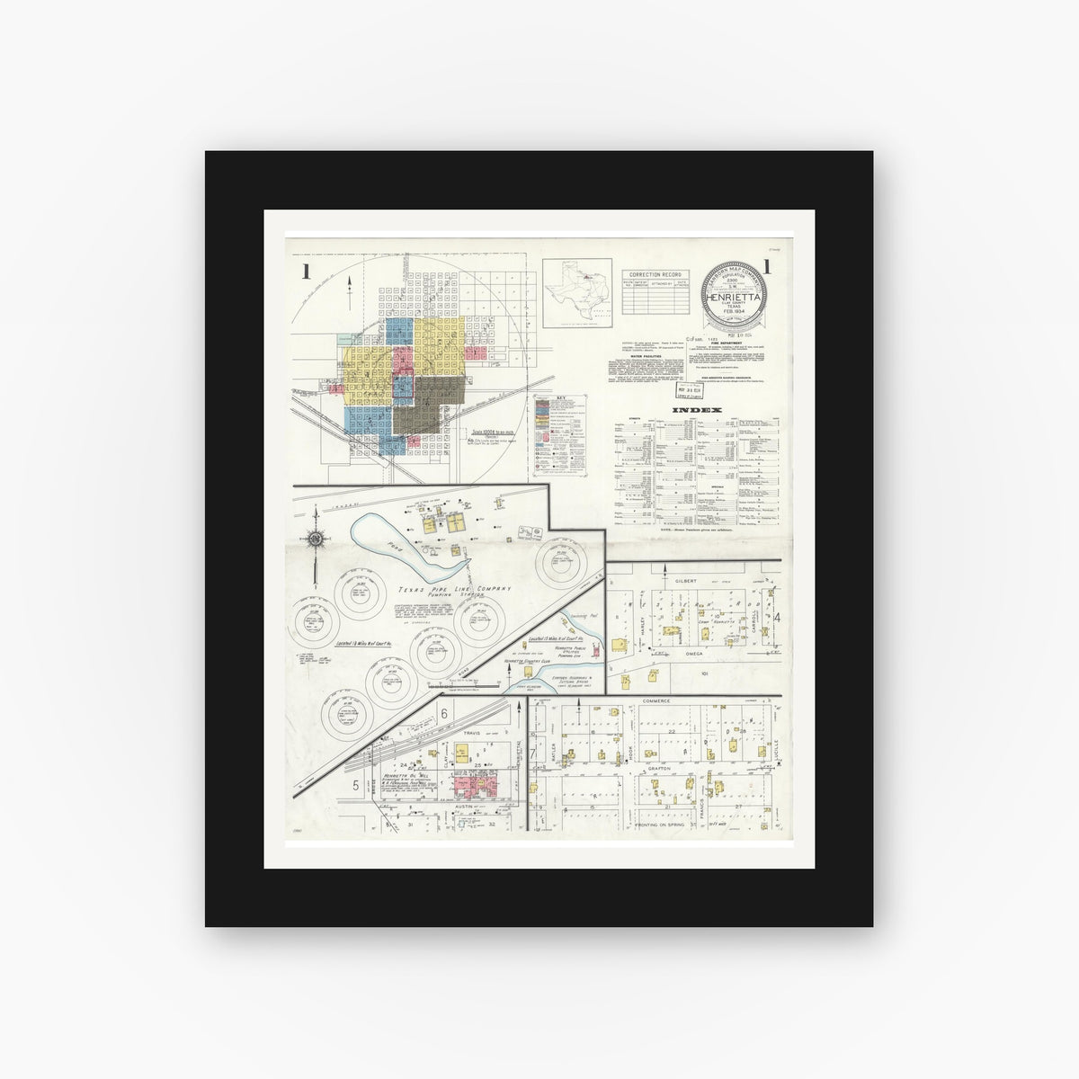 Old map wall art mockup — black gallery frame with white mat — Sanborn Fire Insurance Map from Henrietta, Clay County, Texas (1934) - Complete Map Set