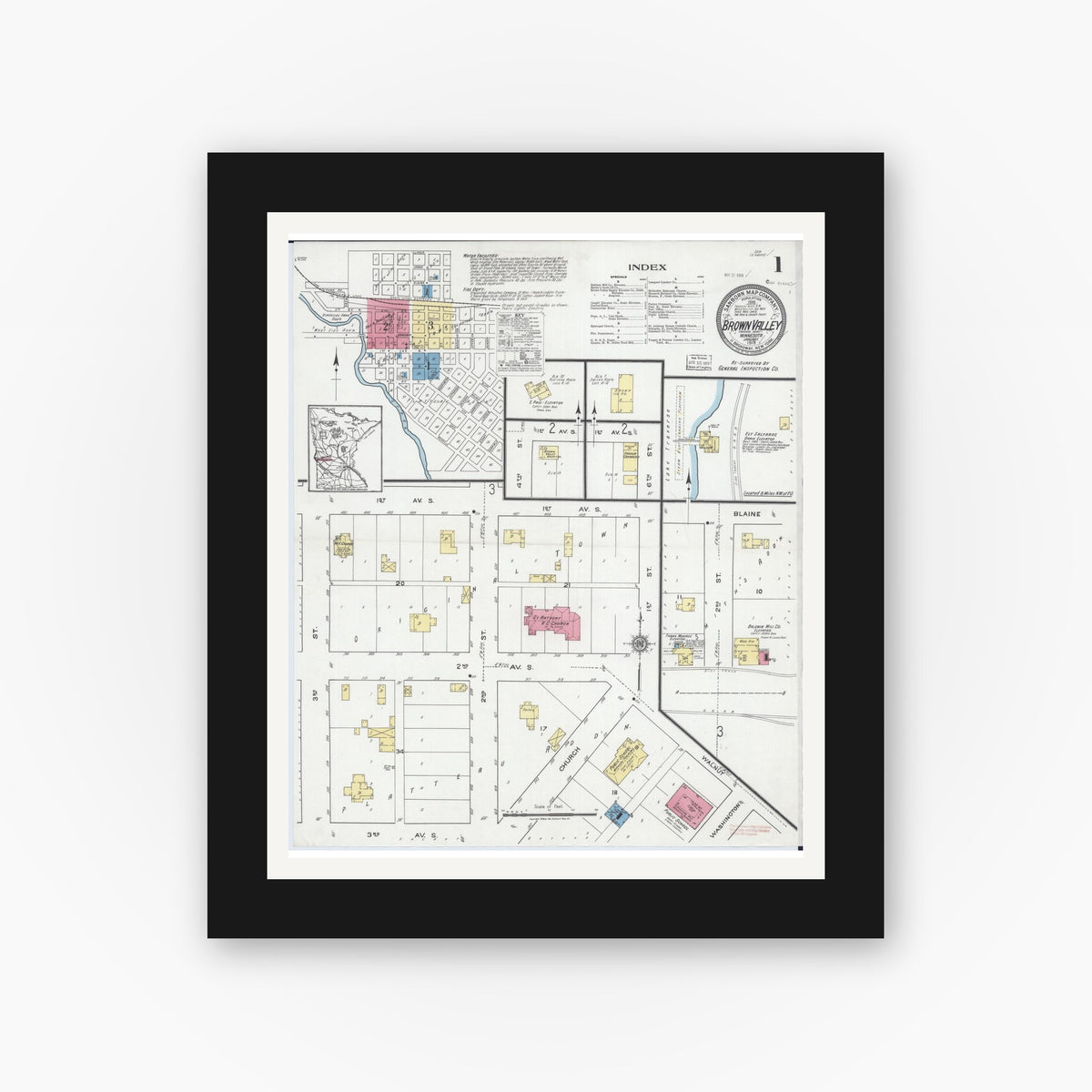 Old map wall art mockup — black gallery frame with white mat — Sanborn Fire Insurance Map from Browns Valley, Traverse County, Minnesota (1919) - Complete Map Set