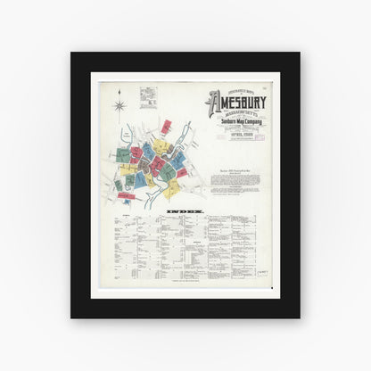Old map wall art mockup — black gallery frame with white mat — Sanborn Fire Insurance Map from Amesbury, Essex County, Massachusetts (1909), Sheet #0001