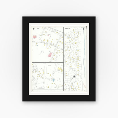 Old map wall art mockup — black gallery frame with white mat — Sanborn Fire Insurance Map from Bourne, Barnstable County, Massachusetts (1941), Sheet #0009