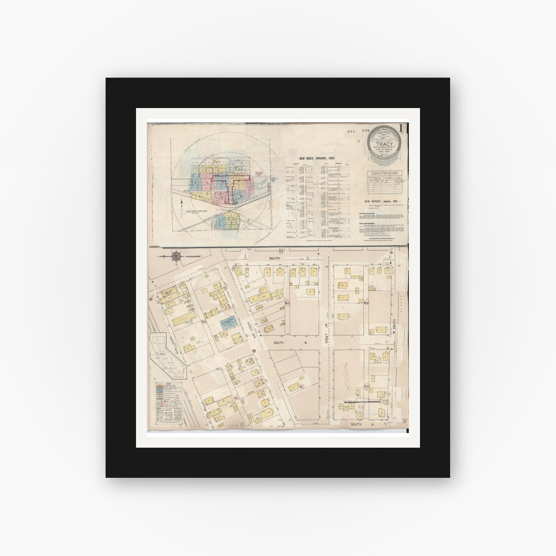 Old map wall art mockup — black gallery frame with white mat — Sanborn Fire Insurance Map from Tracy, San Joaquin County, California (1945) - Complete Map Set