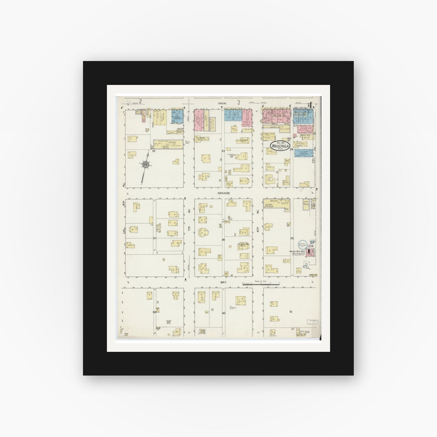Old map wall art mockup — black gallery frame with white mat — Sanborn Fire Insurance Map from Wauchula, Hardee County, Florida (1914), Sheet #0004