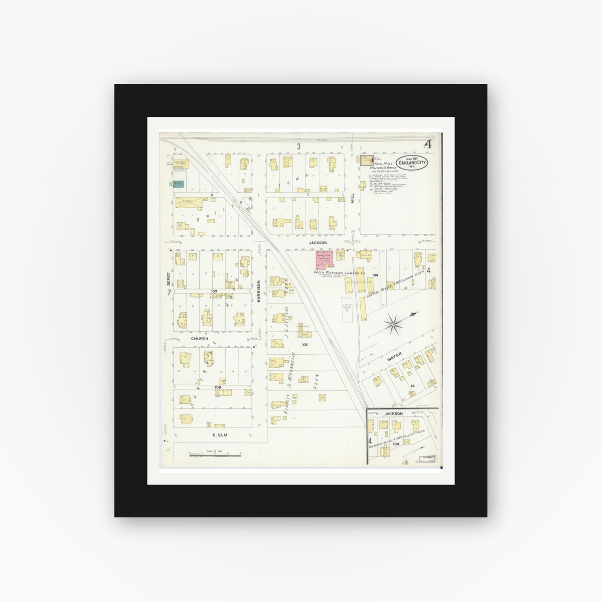 Old map wall art mockup — black gallery frame with white mat — Sanborn Fire Insurance Map from Oakland City, Gibson County, Indiana (1907), Sheet #0004