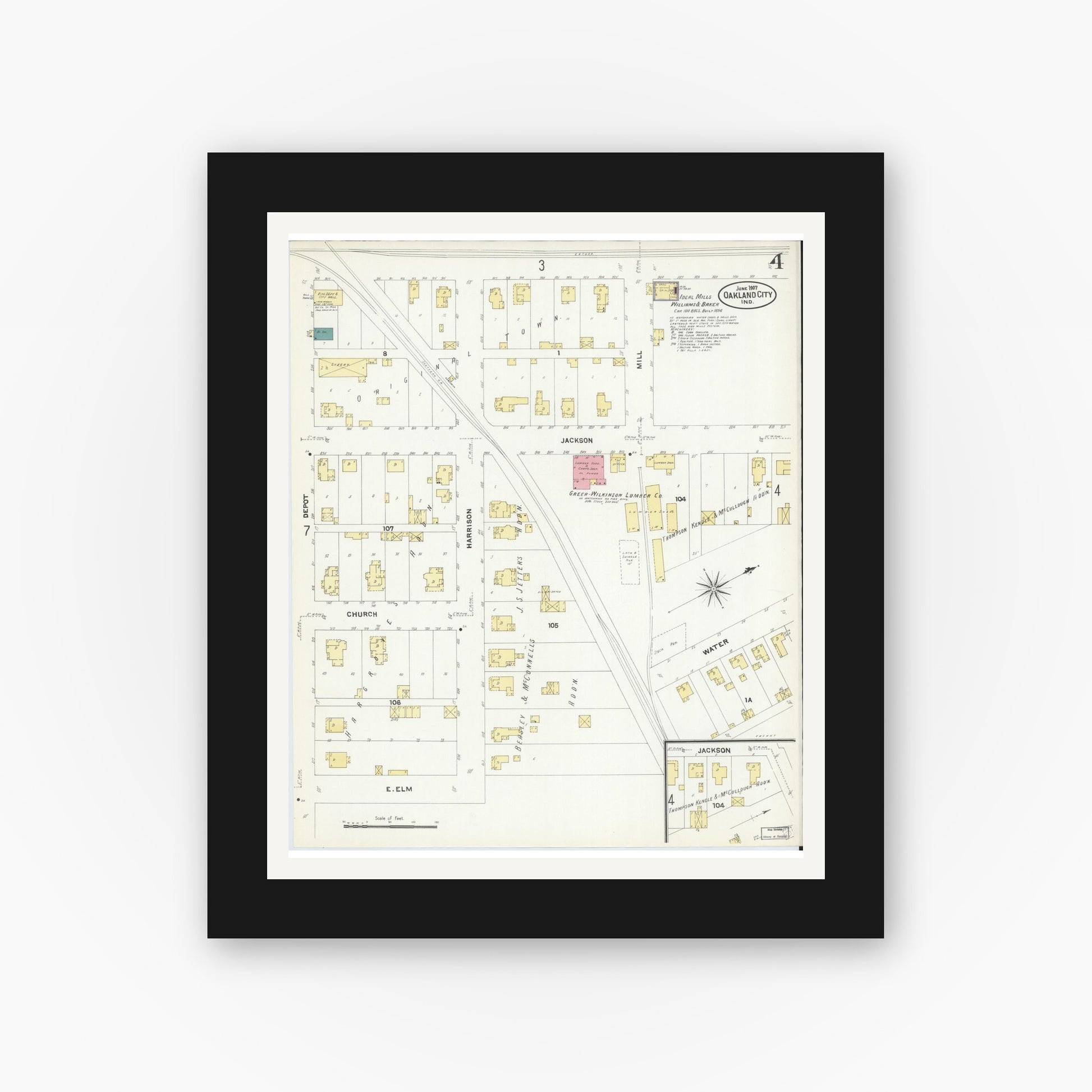 Old map wall art mockup — black gallery frame with white mat — Sanborn Fire Insurance Map from Oakland City, Gibson County, Indiana (1907), Sheet #0004