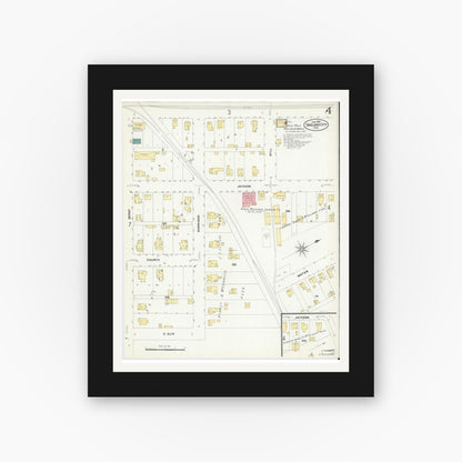 Old map wall art mockup — black gallery frame with white mat — Sanborn Fire Insurance Map from Oakland City, Gibson County, Indiana (1907), Sheet #0004
