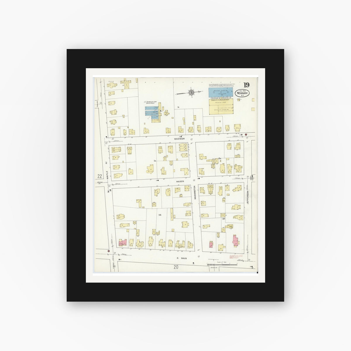 Old map wall art mockup — black gallery frame with white mat — Sanborn Fire Insurance Map from Newark, Wayne County, New York (1912), Sheet #0019
