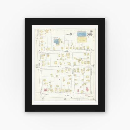 Old map wall art mockup — black gallery frame with white mat — Sanborn Fire Insurance Map from Newark, Wayne County, New York (1912), Sheet #0019
