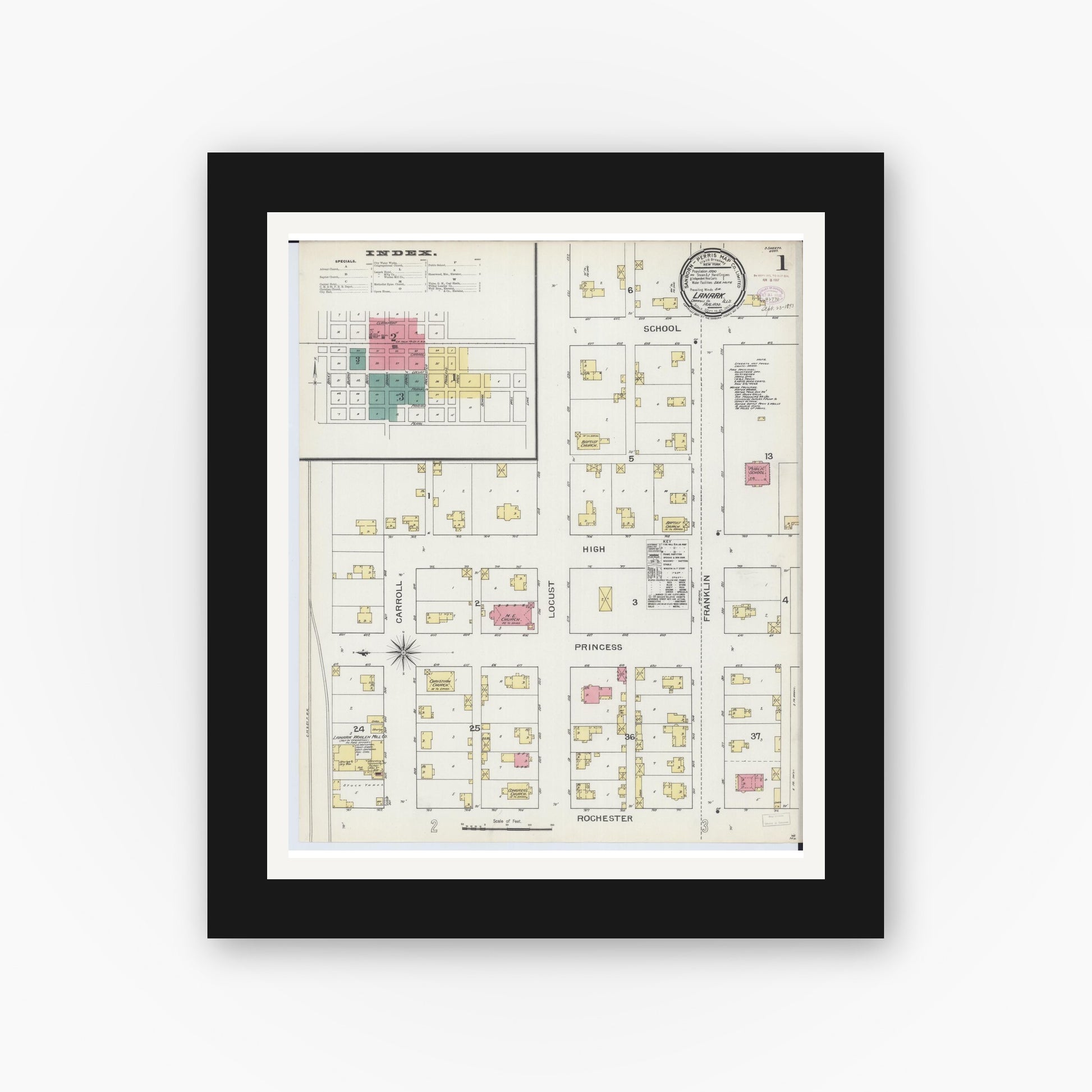 Old map wall art mockup — black gallery frame with white mat — Sanborn Fire Insurance Map from Lanark, Carroll County, Illinois (1893), Sheet #0001