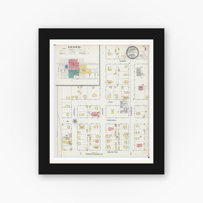 Old map wall art mockup — black gallery frame with white mat — Sanborn Fire Insurance Map from Lanark, Carroll County, Illinois (1893), Sheet #0001