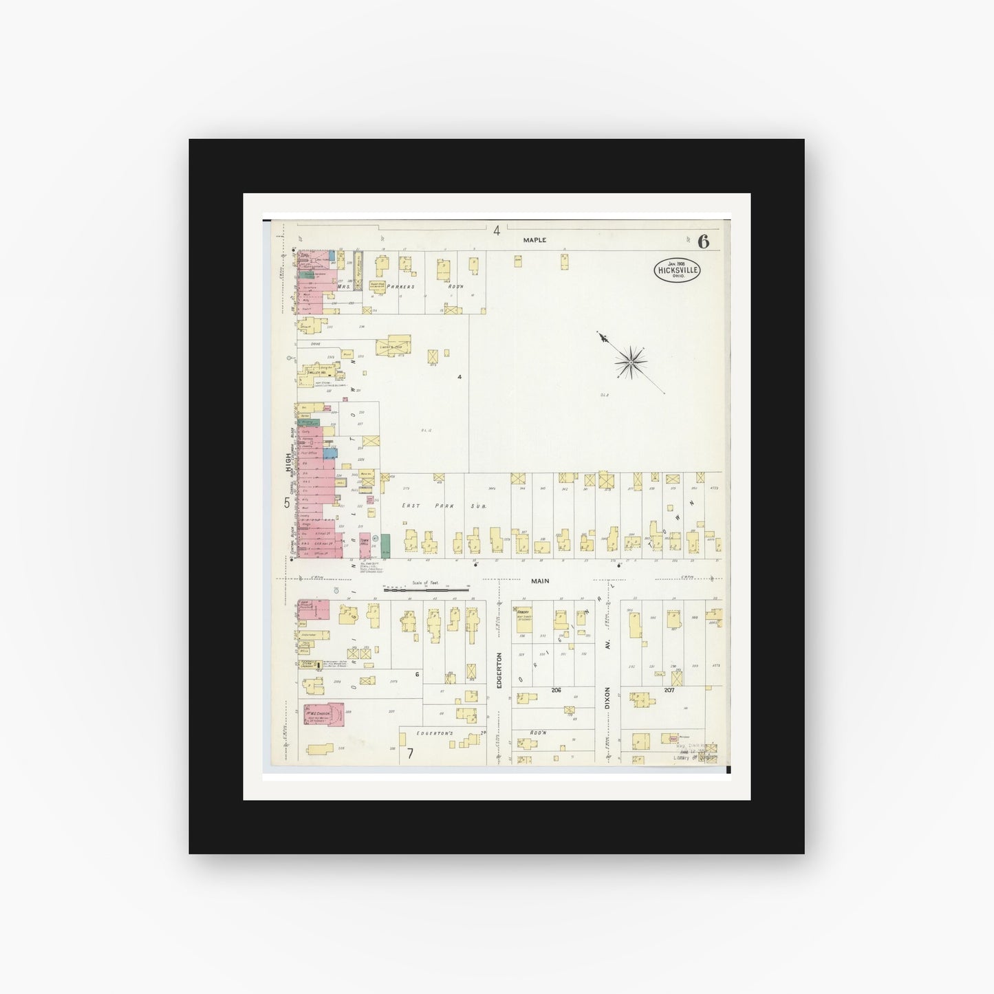 Old map wall art mockup — black gallery frame with white mat — Sanborn Fire Insurance Map from Hicksville, Defiance County, Ohio (1908), Sheet #0006
