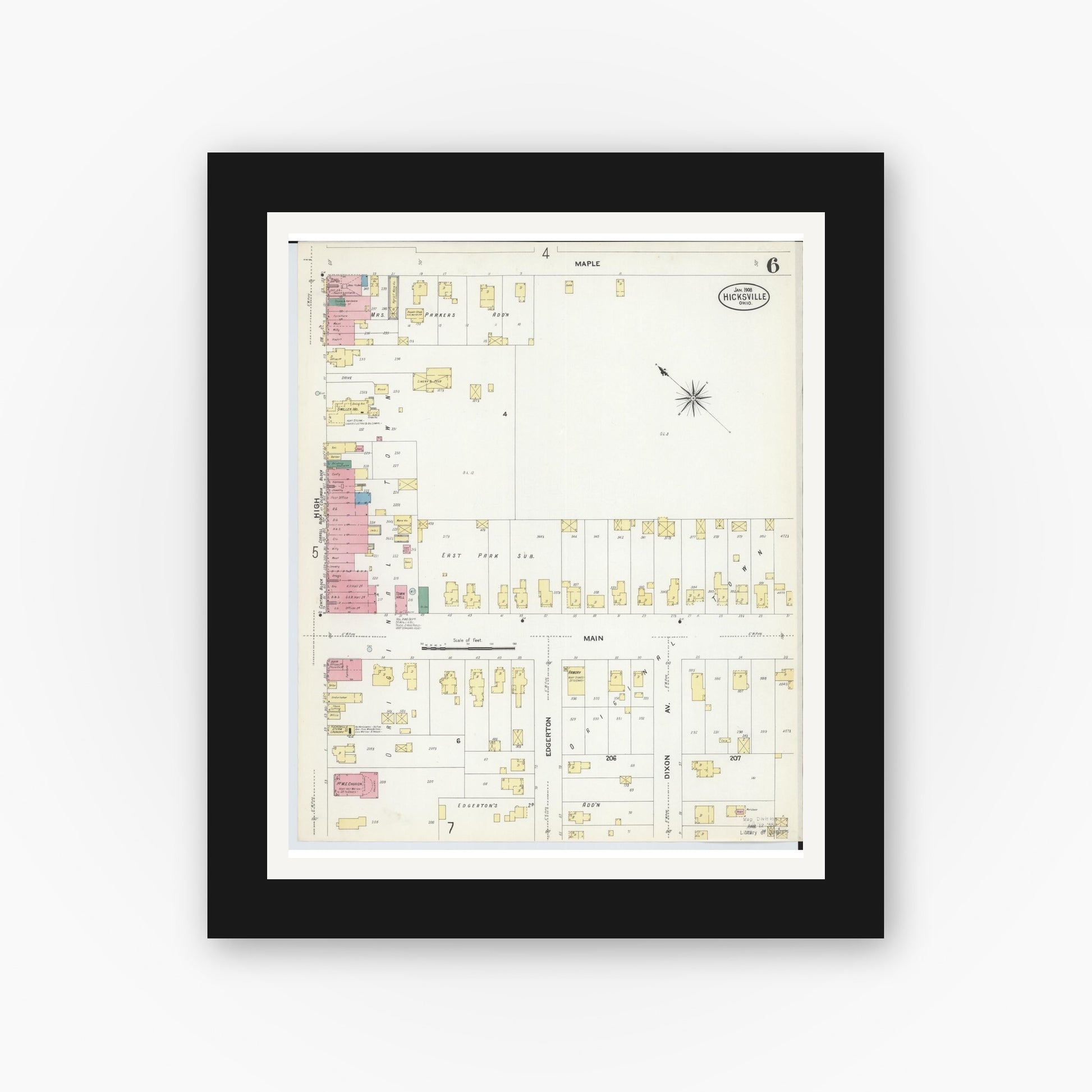 Old map wall art mockup — black gallery frame with white mat — Sanborn Fire Insurance Map from Hicksville, Defiance County, Ohio (1908), Sheet #0006