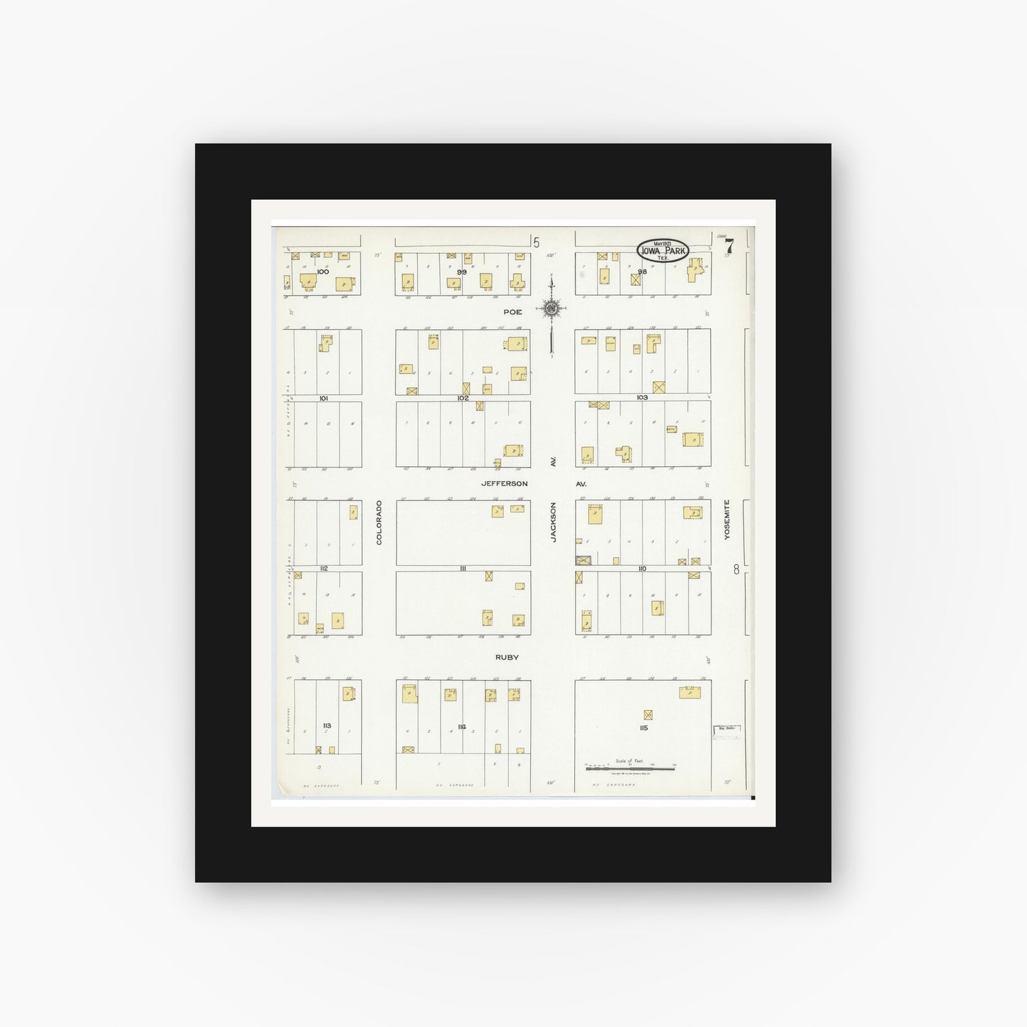 Old map wall art mockup — black gallery frame with white mat — Sanborn Fire Insurance Map from Iowa Park, Wichita County, Texas (1921), Sheet #0007