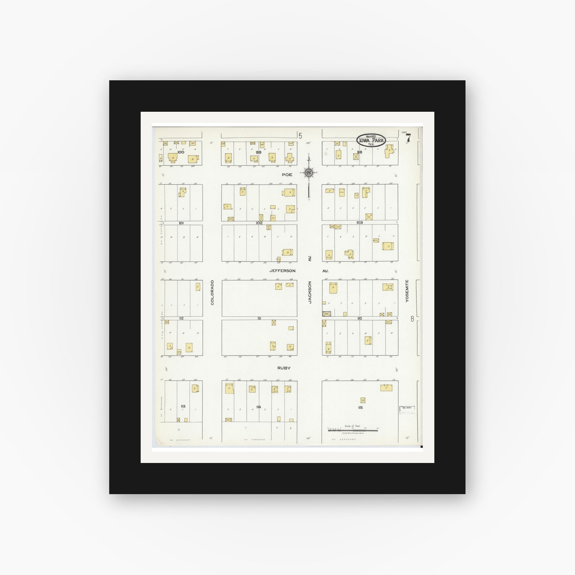 Old map wall art mockup — black gallery frame with white mat — Sanborn Fire Insurance Map from Iowa Park, Wichita County, Texas (1921), Sheet #0007