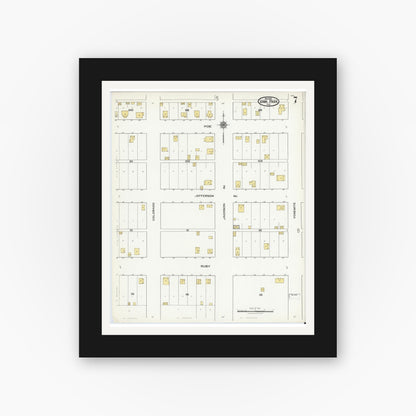 Old map wall art mockup — black gallery frame with white mat — Sanborn Fire Insurance Map from Iowa Park, Wichita County, Texas (1921), Sheet #0007