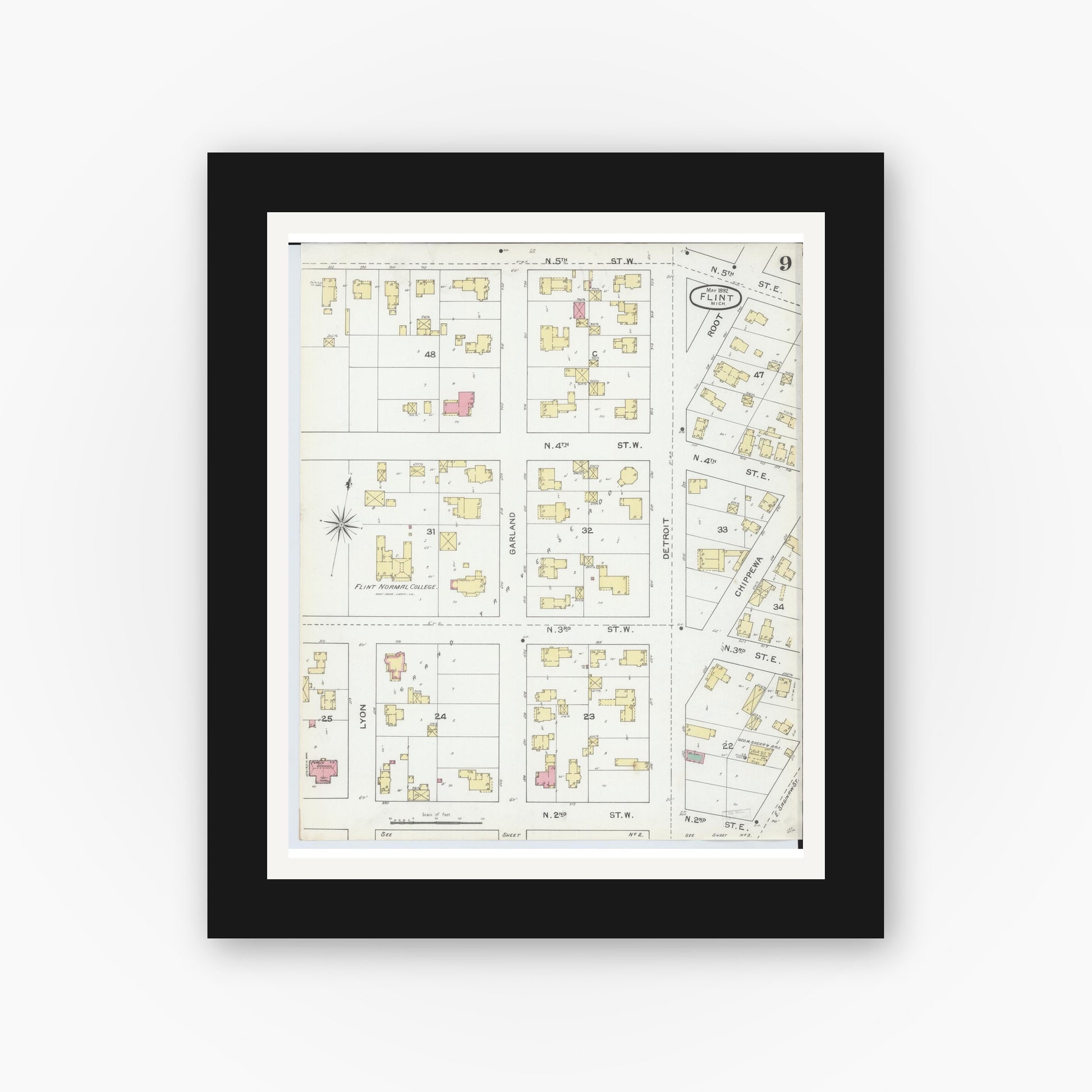 Old map wall art mockup — black gallery frame with white mat — Sanborn Fire Insurance Map from Flint, Genesee County, Michigan (1892), Sheet #0009