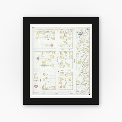 Old map wall art mockup — black gallery frame with white mat — Sanborn Fire Insurance Map from Flint, Genesee County, Michigan (1892), Sheet #0009