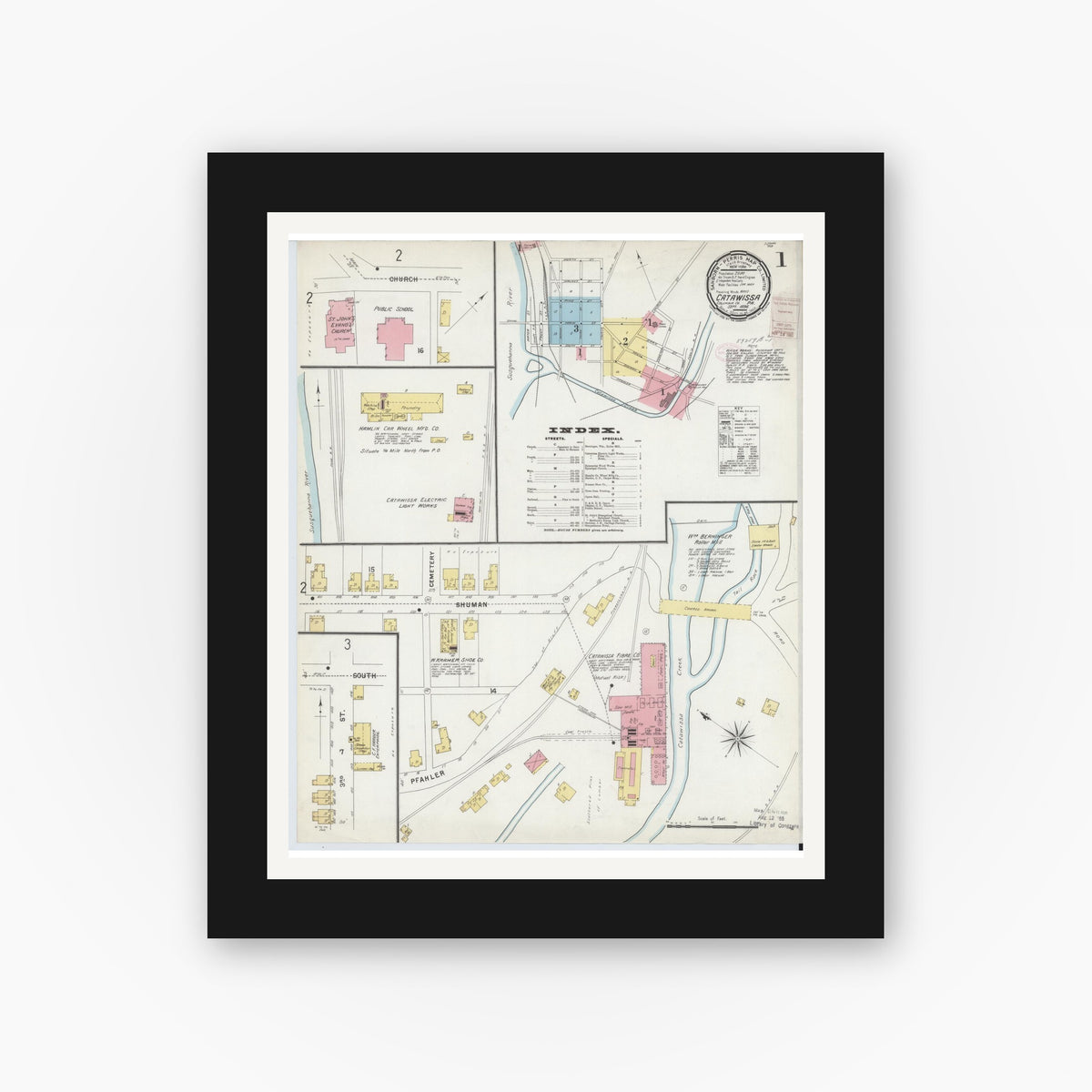 Old map wall art mockup — black gallery frame with white mat — Sanborn Fire Insurance Map from Catawissa, Columbia County, Pennsylvania (1896) - Complete Map Set