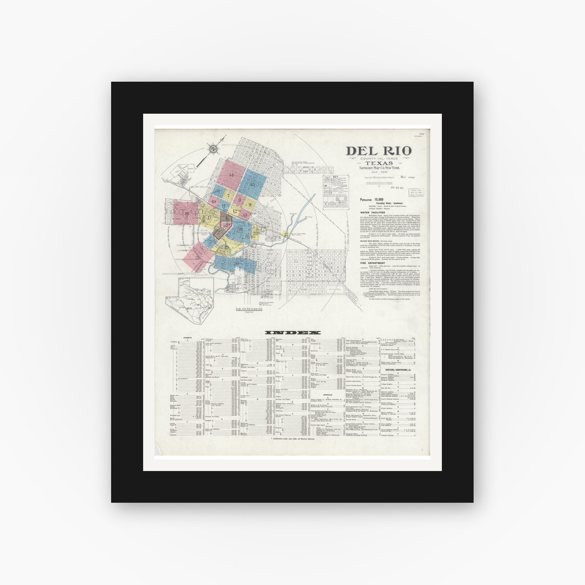 Old map wall art mockup — black gallery frame with white mat — Sanborn Fire Insurance Map from Del Rio, Val Verde County, Texas (1930), Sheet #0001