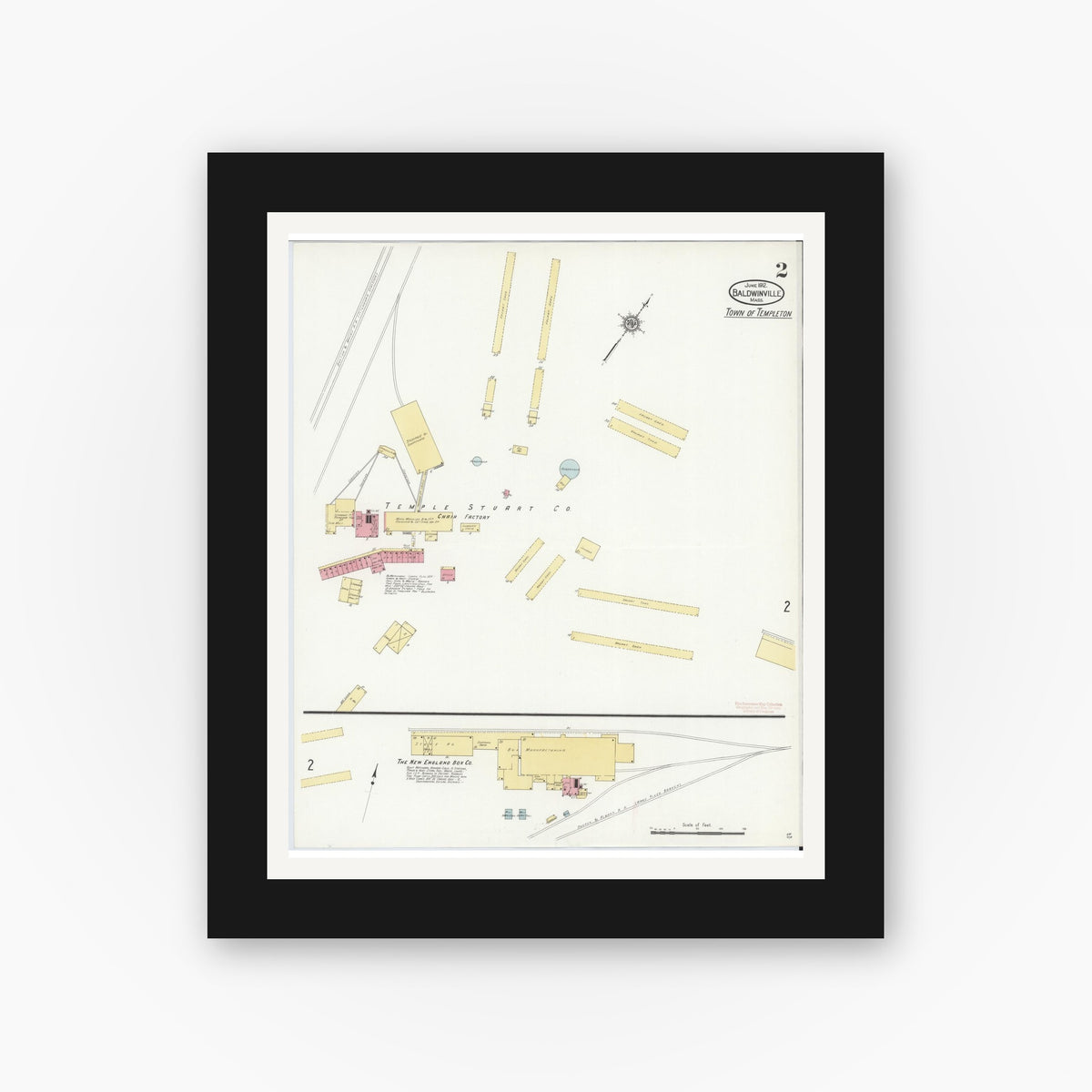 Old map wall art mockup — black gallery frame with white mat — Sanborn Fire Insurance Map from Baldwinville, Worcester County, Massachusetts (1912), Sheet #0002