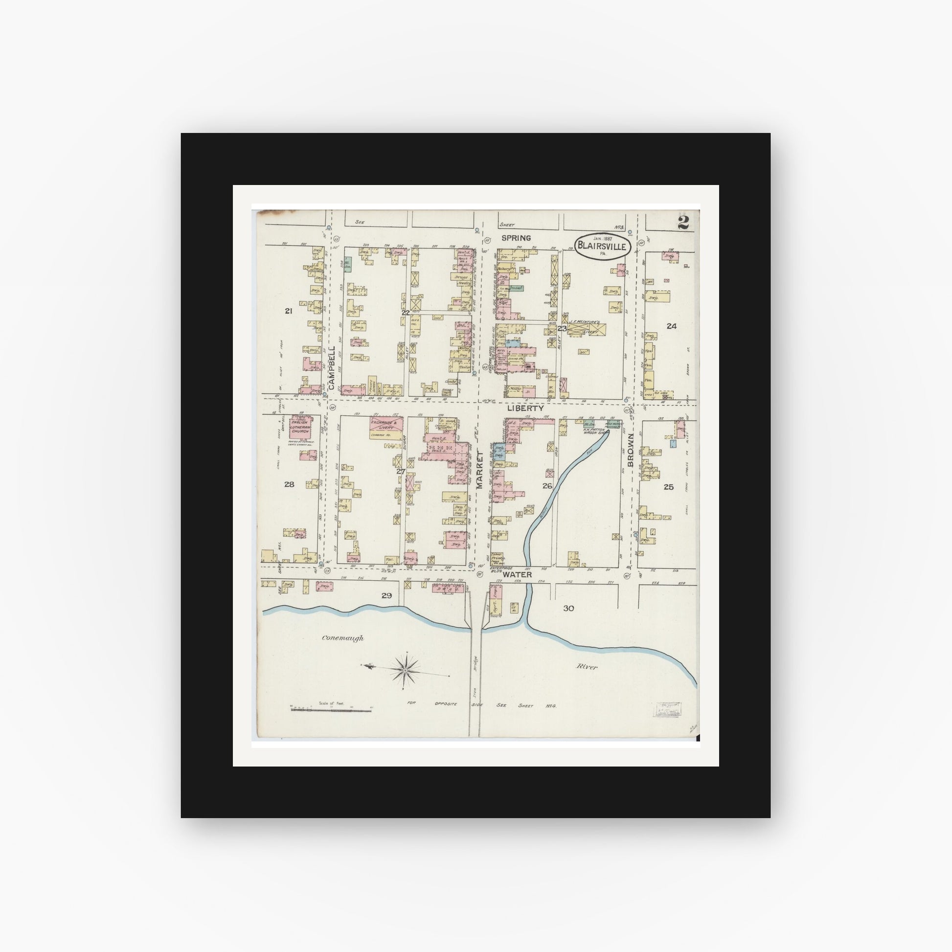 Old map wall art mockup — black gallery frame with white mat — Sanborn Fire Insurance Map from Blairsville, Indiana County, Pennsylvania (1887), Sheet #0002