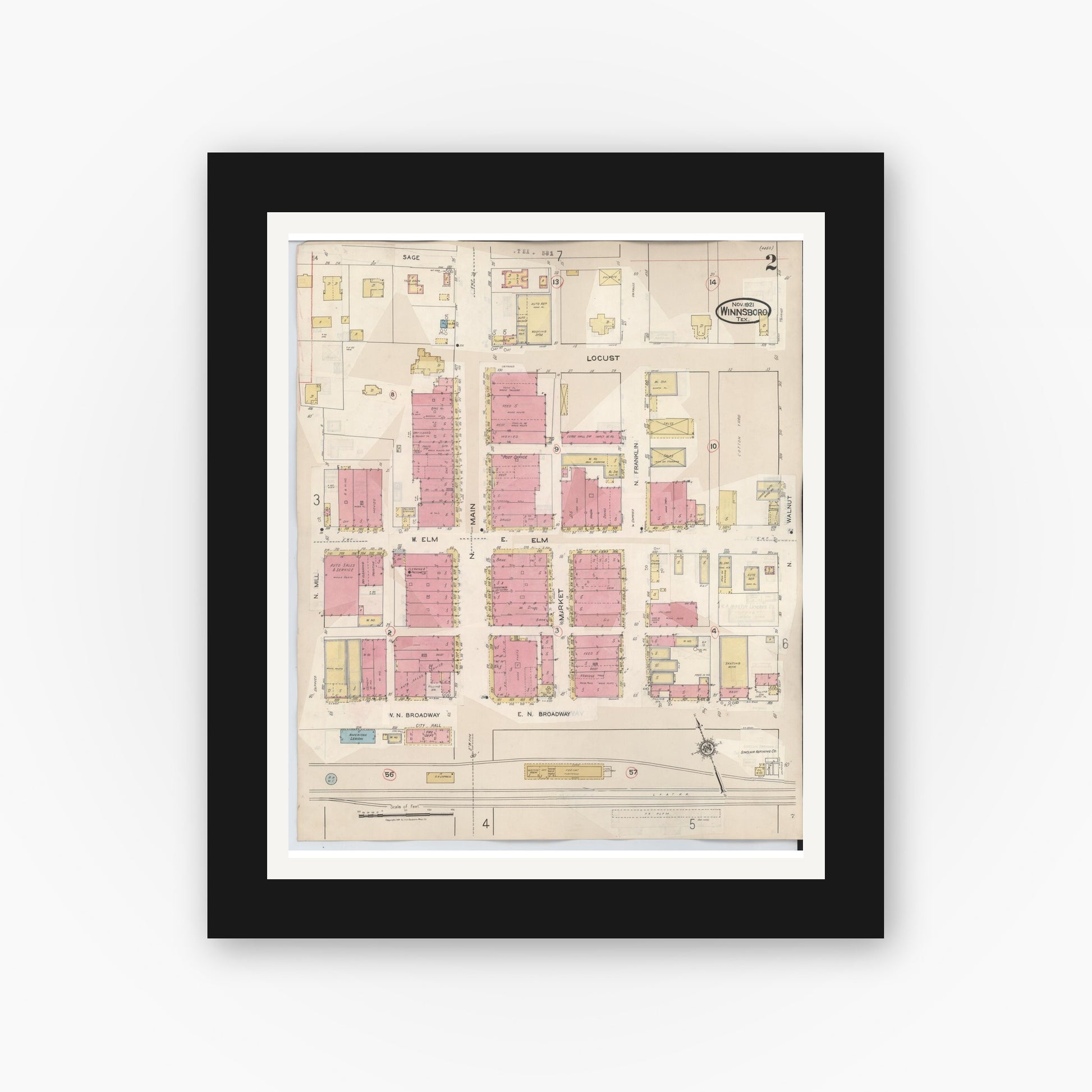Old map wall art mockup — black gallery frame with white mat — Sanborn Fire Insurance Map from Winnsboro, Wood County, Texas (1943), Sheet #0002