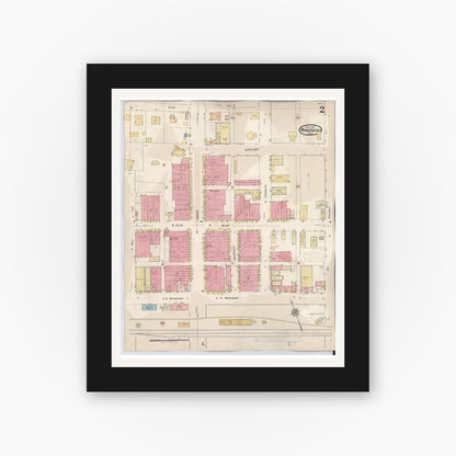 Old map wall art mockup — black gallery frame with white mat — Sanborn Fire Insurance Map from Winnsboro, Wood County, Texas (1943), Sheet #0002
