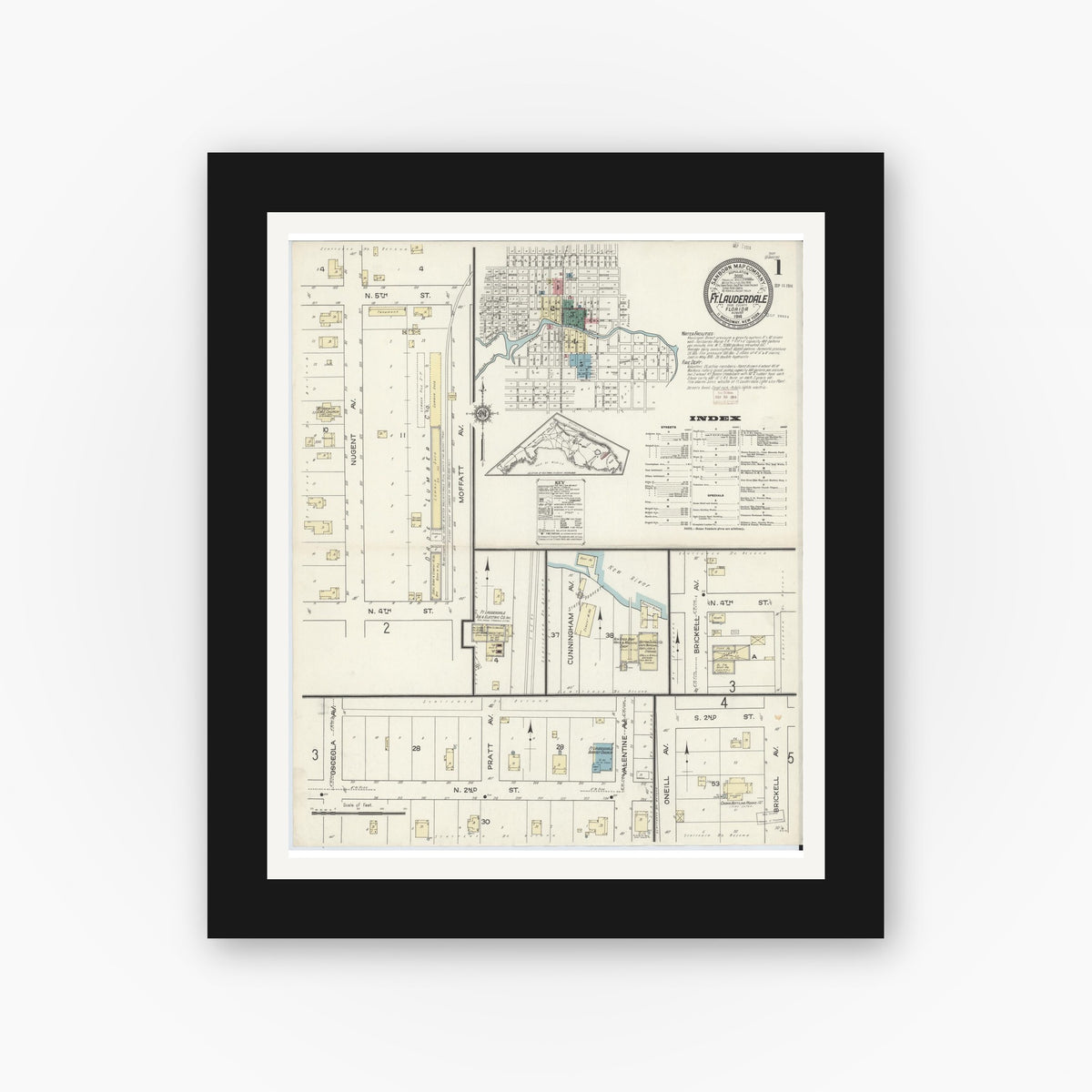 Old map wall art mockup — black gallery frame with white mat — Sanborn Fire Insurance Map from Fort Lauderdale, Broward County, Florida (1914), Sheet #0001