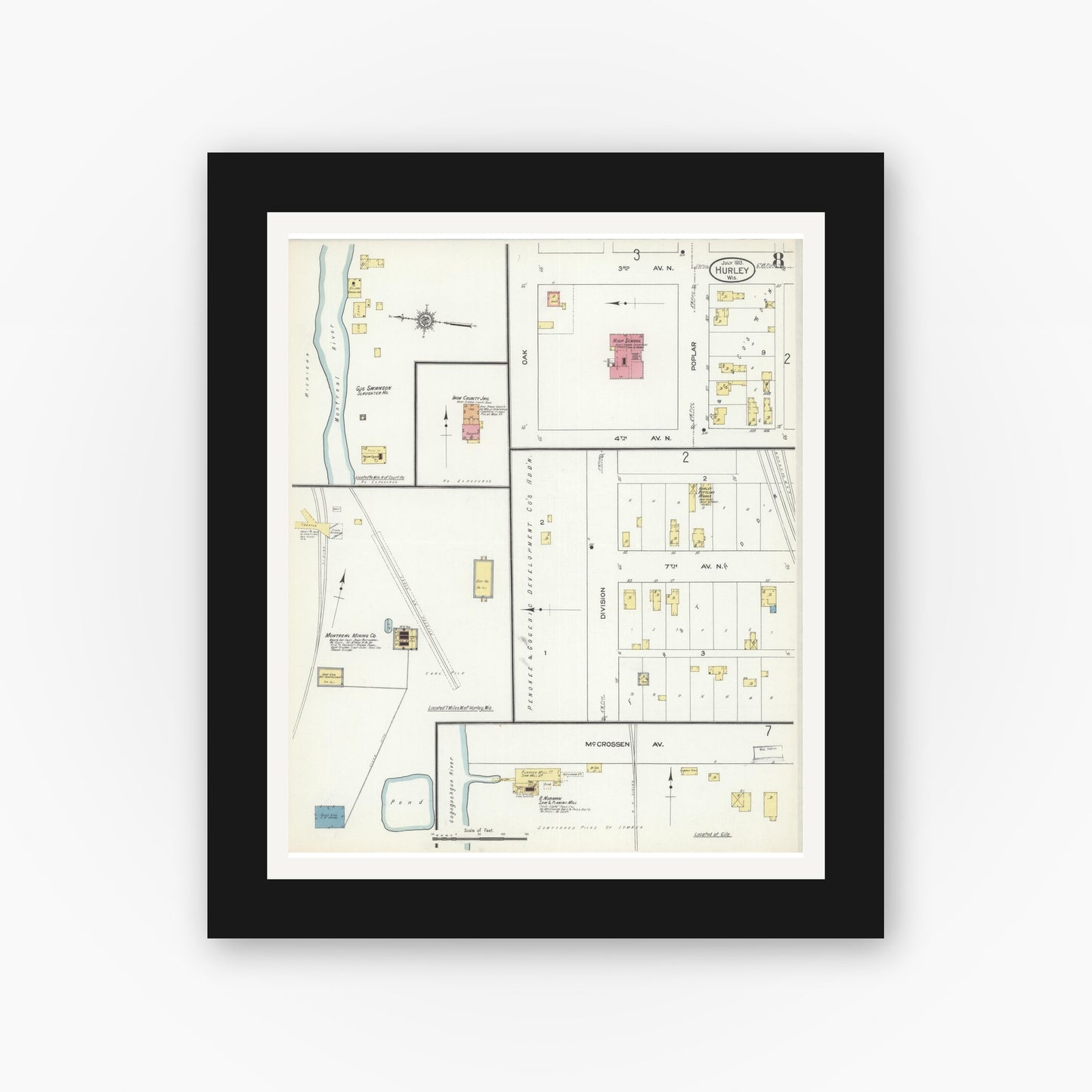 Old map wall art mockup — black gallery frame with white mat — Sanborn Fire Insurance Map from Hurley, Iron County, Wisconsin (1913), Sheet #0008