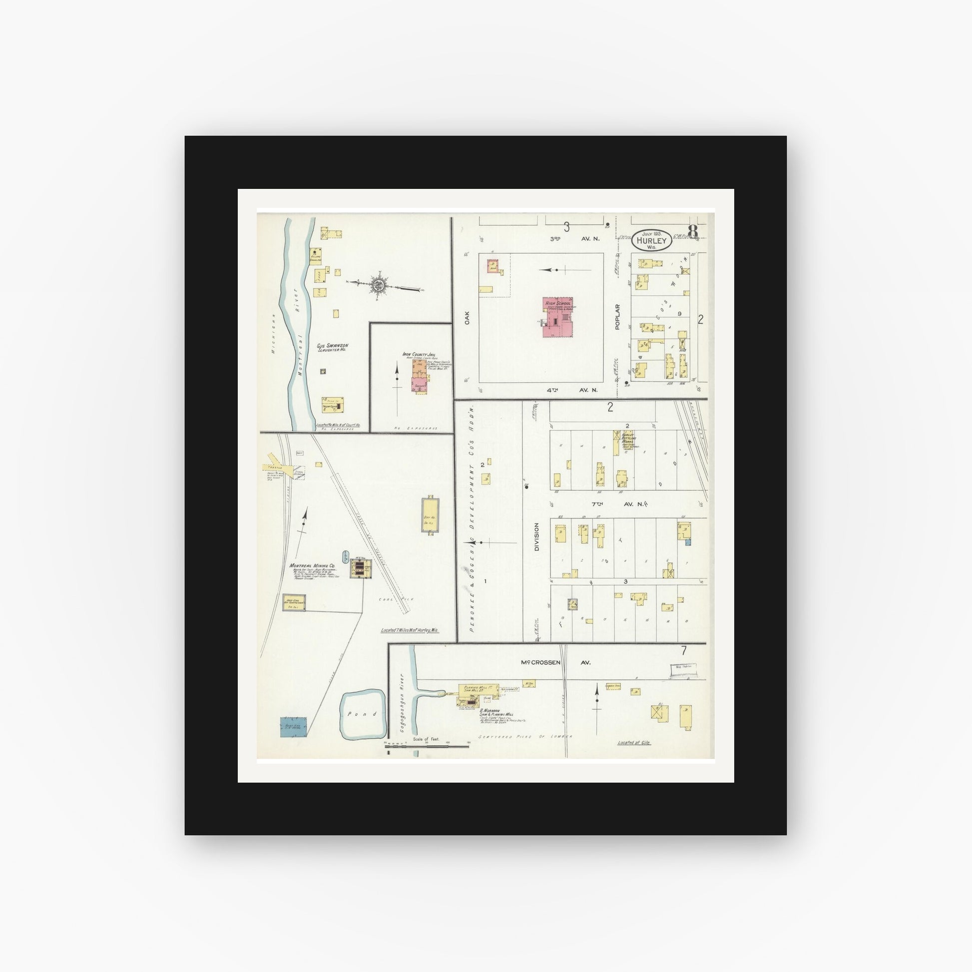 Old map wall art mockup — black gallery frame with white mat — Sanborn Fire Insurance Map from Hurley, Iron County, Wisconsin (1913), Sheet #0008