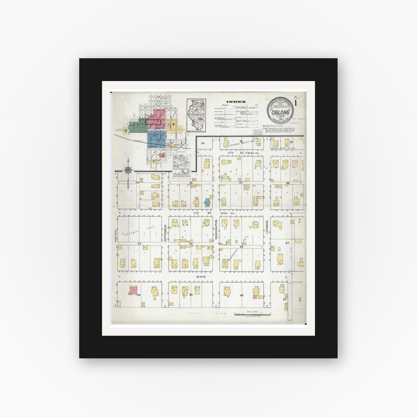 Old map wall art mockup — black gallery frame with white mat — Sanborn Fire Insurance Map from Oblong, Crawford County, Illinois (1920) - Complete Map Set