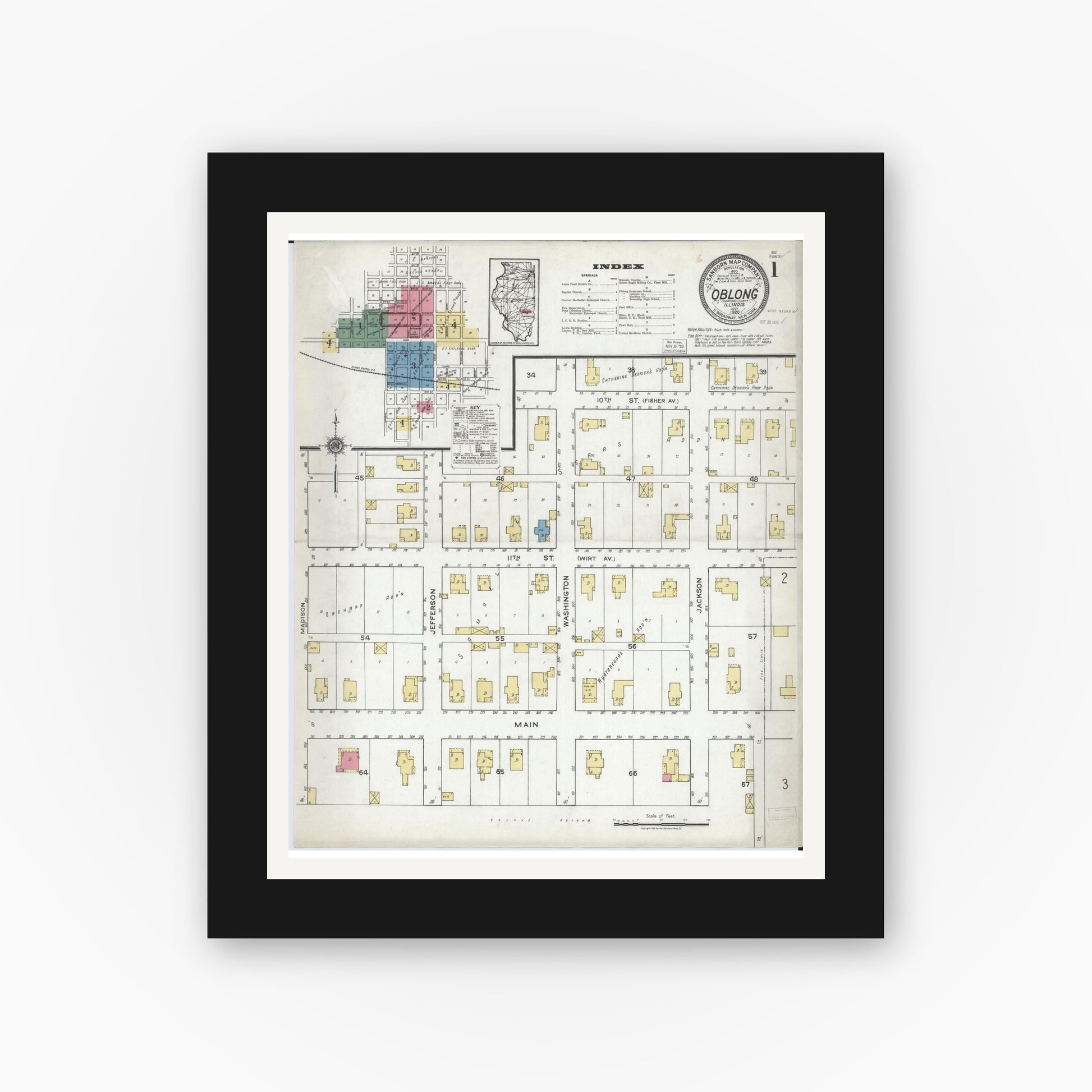 Old map wall art mockup — black gallery frame with white mat — Sanborn Fire Insurance Map from Oblong, Crawford County, Illinois (1920) - Complete Map Set