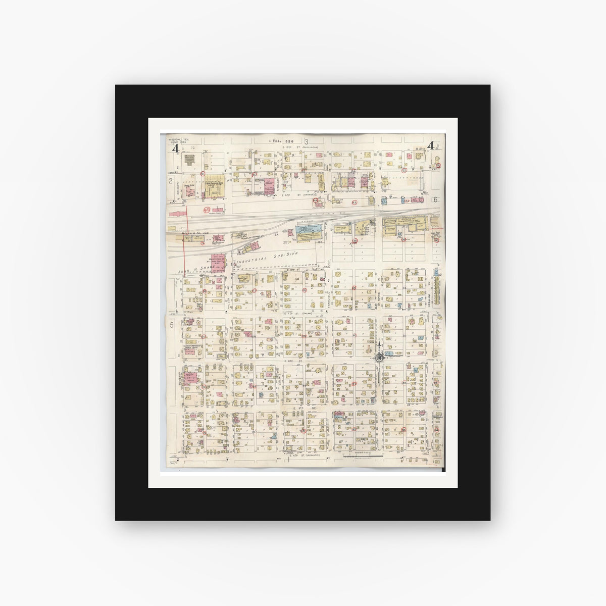 Old map wall art mockup — black gallery frame with white mat — Sanborn Fire Insurance Map from Mission, Hidalgo County, Texas (1949), Sheet #0004