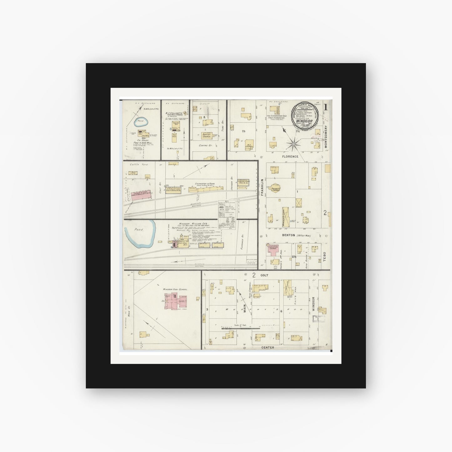 Old map wall art mockup — black gallery frame with white mat — Sanborn Fire Insurance Map from Windsor, Henry County, Missouri (1896) - Complete Map Set
